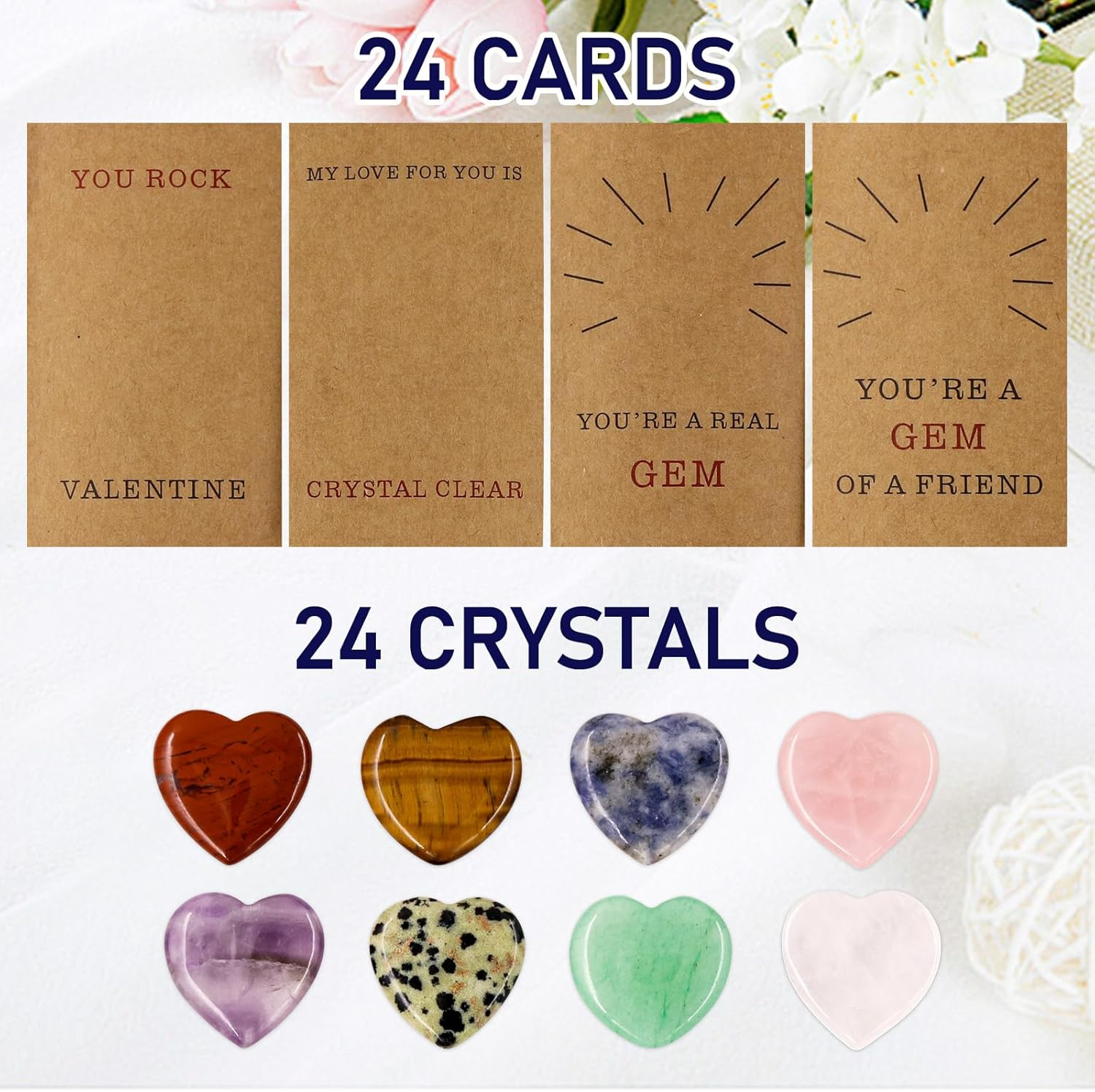 For Girl - 24 Pack Valentines Cards with Heart-Shape Crystals Natural Gemstone - Exchange Card Presents for Girls Boys School Class Classroom Party Favors image number 2