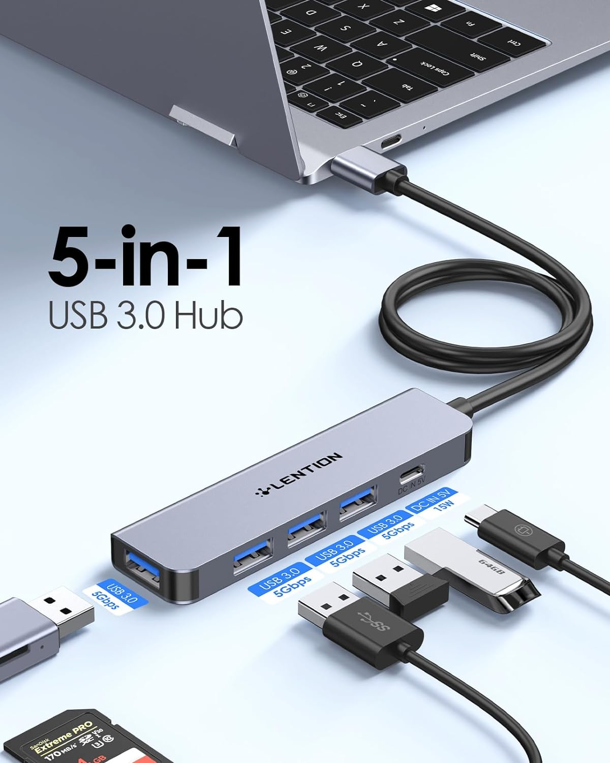 Lention 2FT Long Cable USB 3.0 Hub Multiport Adapter, Ultra-Slim Data USB a Hub with 4 USB 3.0 Port & 5V/3A USB C Power Supply Port for Laptop, PC, Macbook, Imac, Xbox, PS4/PS5, Hard Drive, More image number 5