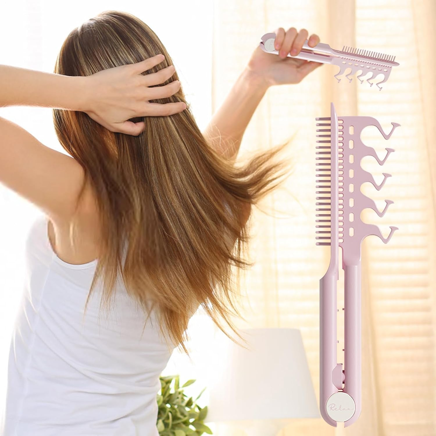 Lmyit Hair Comb for Straightening - V Shaped Styling Hair Comb for Straightening | Smoothing anti Static Volumizing Grooming Tool for Home Salon Women Girls Friends Family Daughter - Pink image number 5