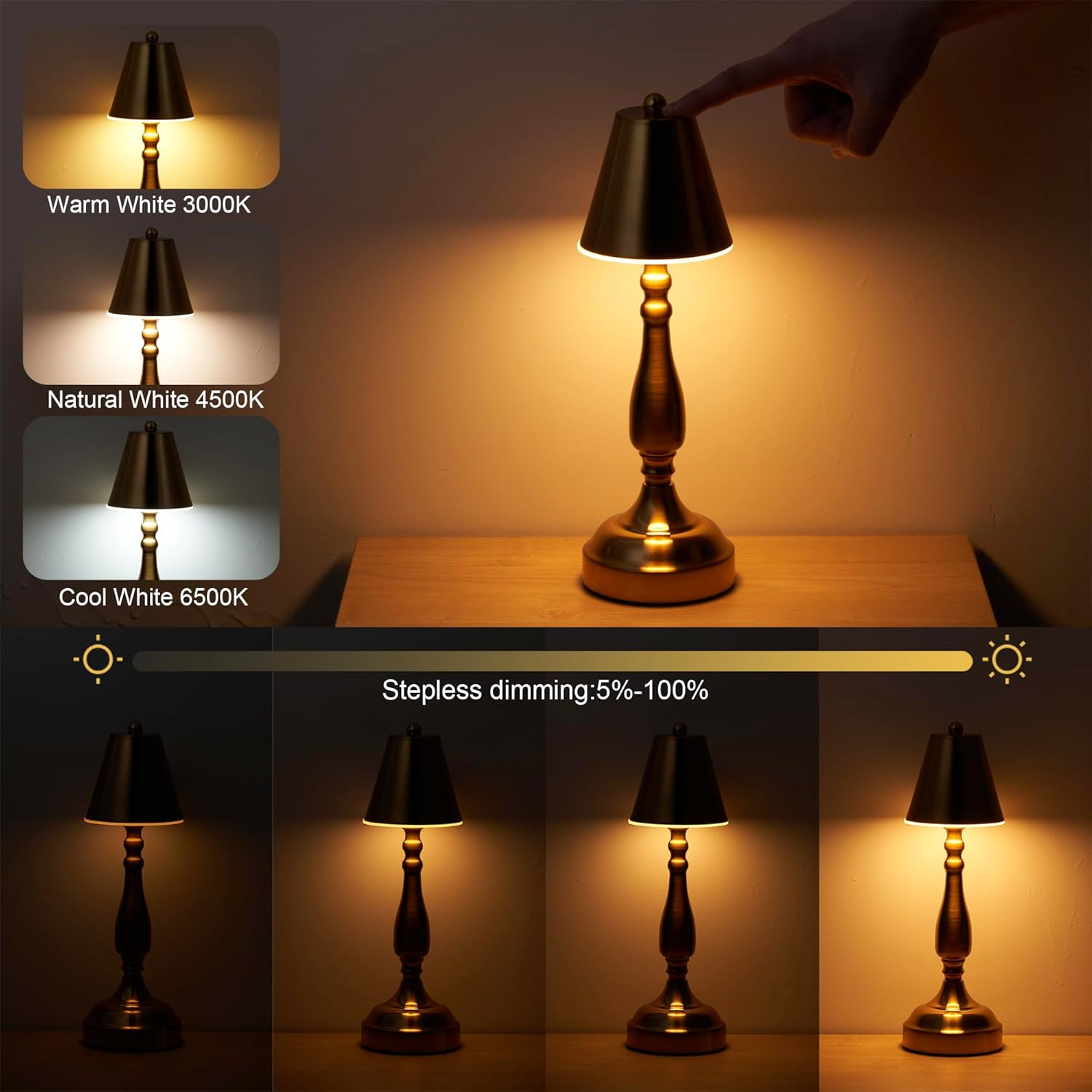Rechargeable Cordless Table Lamp for Restaurant Dinner Table, 5000Mah Battery Operated Lights, Small Portable 3 Color Stepless Dimming Touch Lamp for Bedroom Kitchen Dining Room Outdoor Patio, Brass image number 2