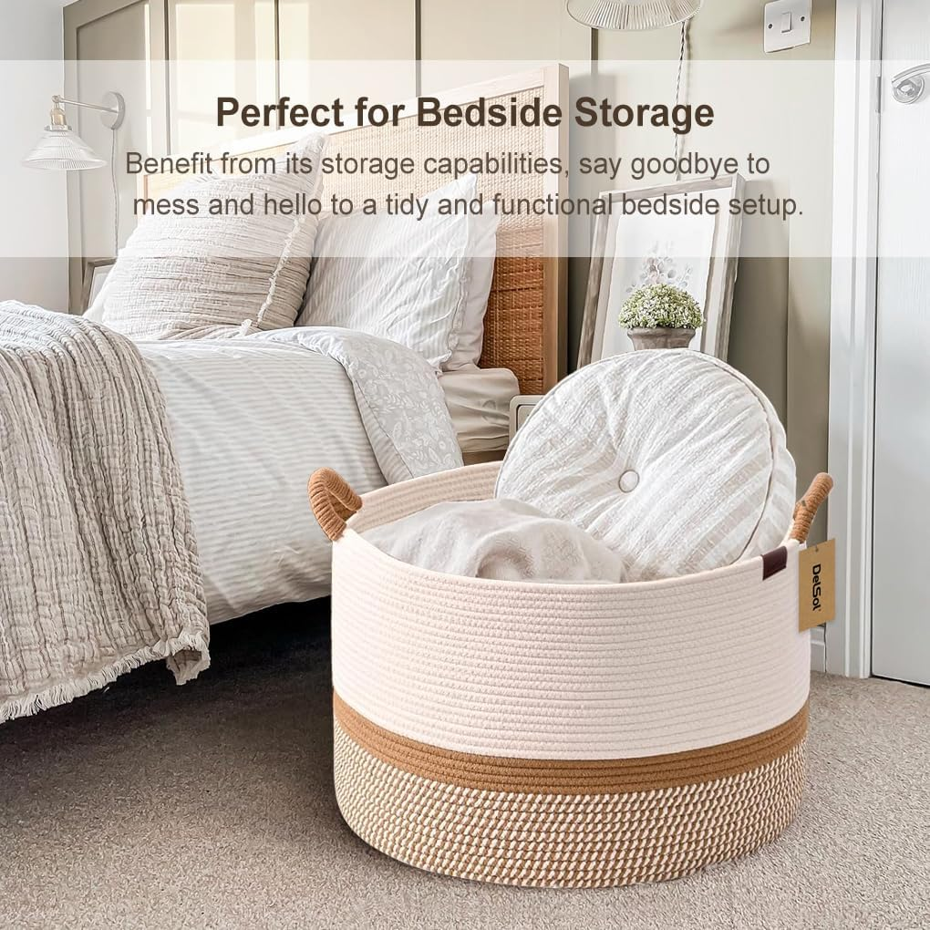 Delsol Large Blanket Basket Woven Wicker Nursery Cotton Rope Baskets for Storage Pillows Clothes Toy Organizer Hamper with Handle (Camel & White) image number 2