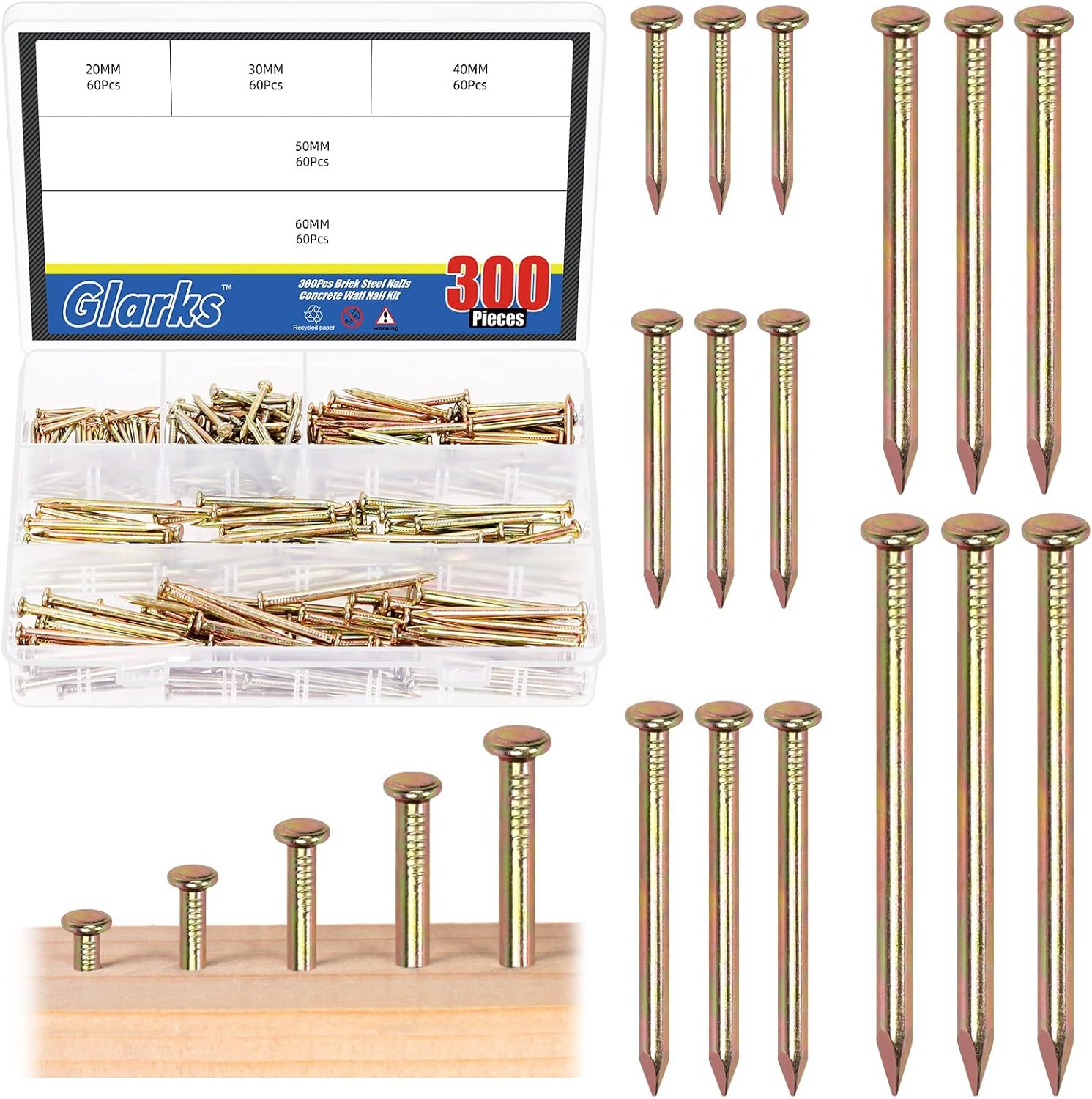 Glarks 300Pcs 20/30/40/50/60Mm Brick Steel Nails Kit, White Zinc Carbon Steel Hardware Nails, Finishing Nails, Brad and Picture Hanging Nails, Wood Nails, Cement Nails for Drywall and Pine