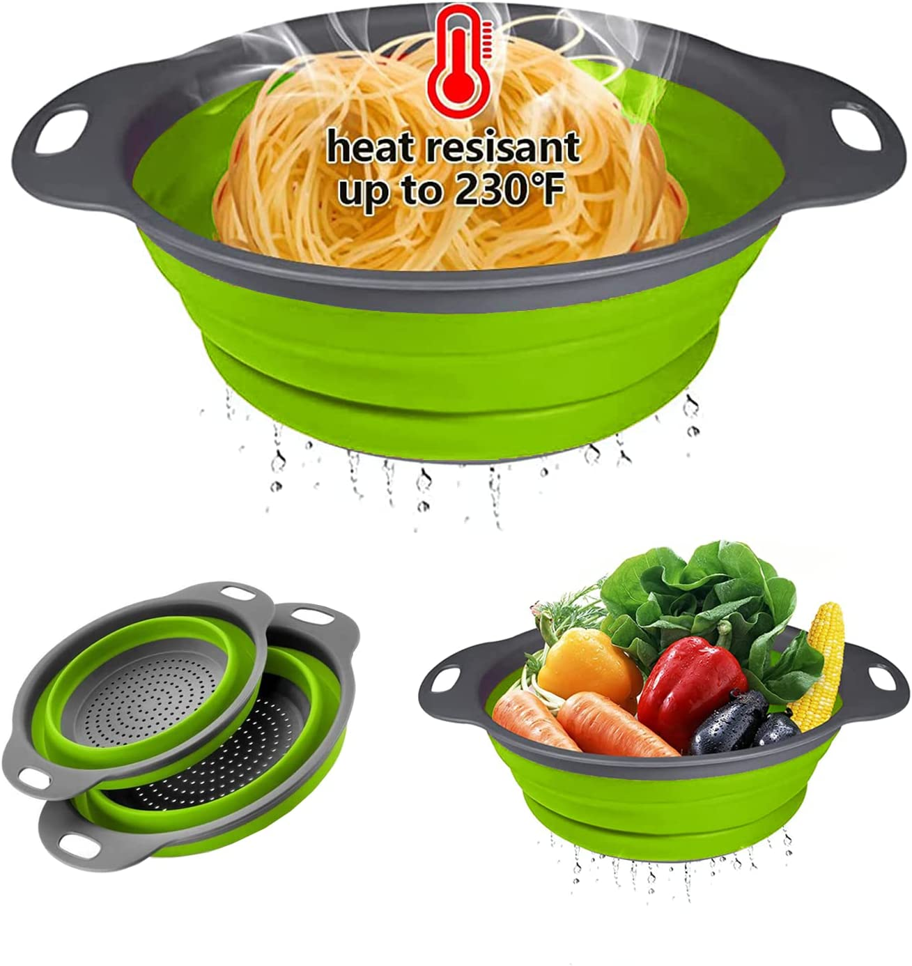 Collapsible Colander Set,Silicone Collapsible Strainer for Draining Pasta Spaghetti Fruits and Vegetables Colander Collapsible 1 Large & 1 Small Sizes Kitchen Mesh Strainers Tool Folding Colanders (Green)