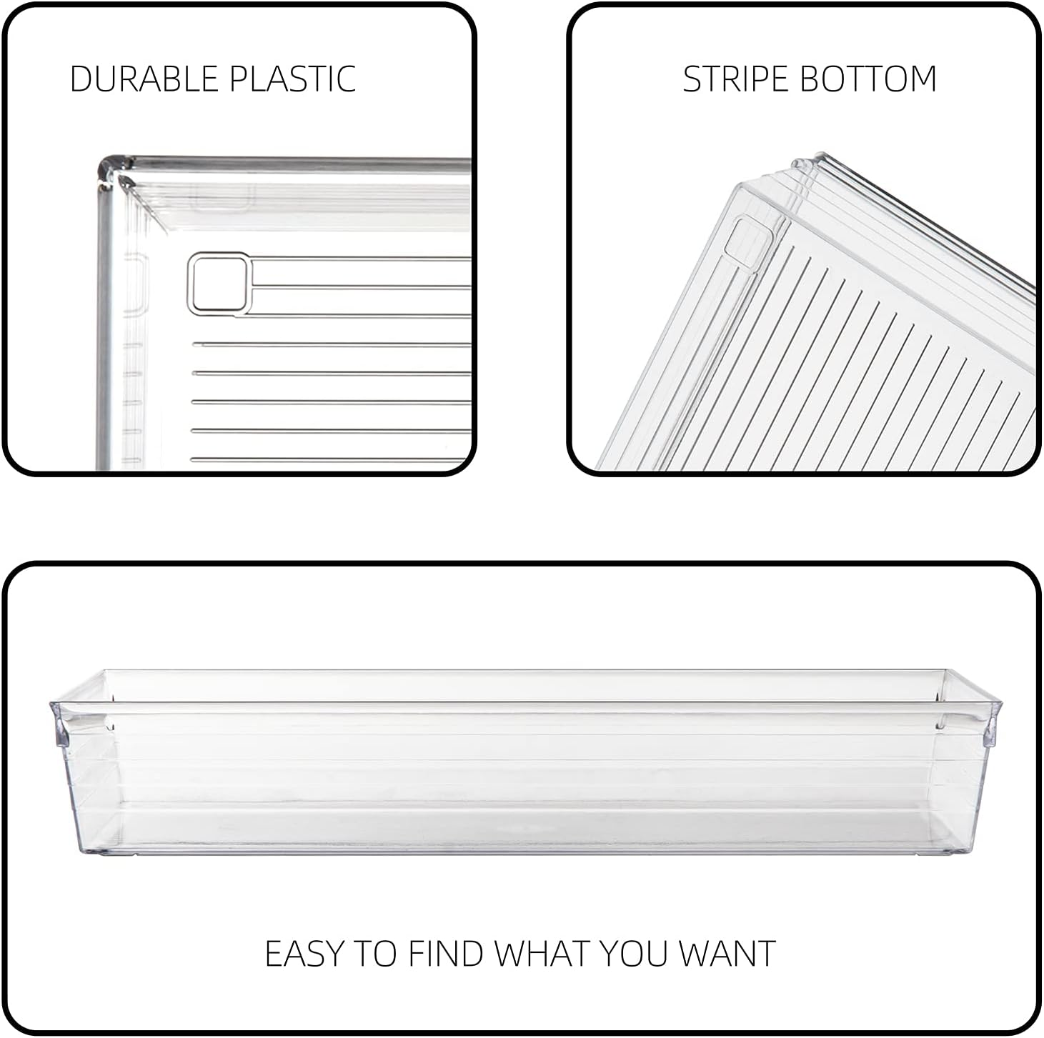 Backerysupply Clear Plastic Drawer Organizer Tray for Vanity Cabinet (9"&times;3"&times;2"，Set of 8),Storage Tray for Makeup, Kitchen Utensils, Jewelries, and Gadgets image number 4