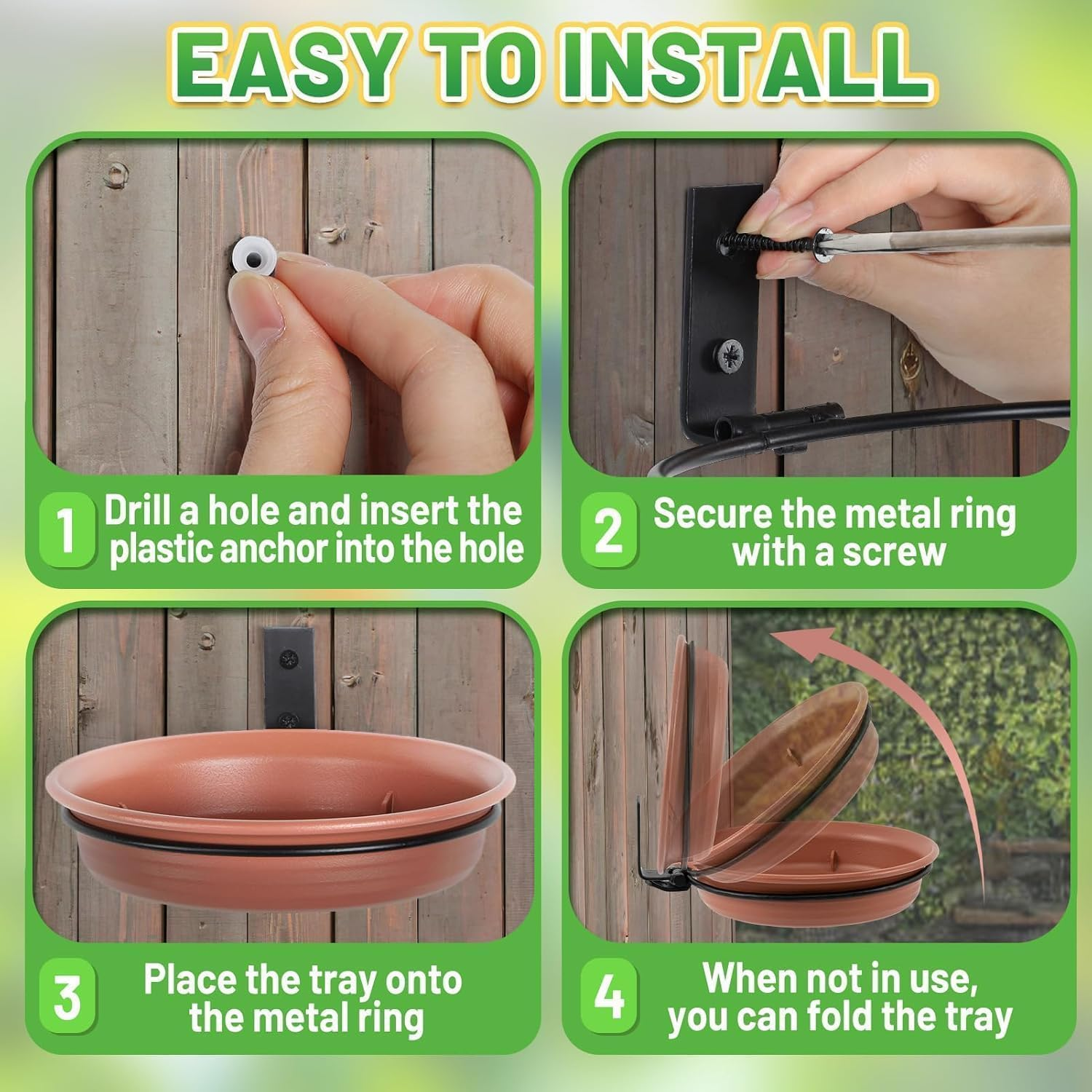 2Pcs Bird Trays Tree Mounted for Bird Feeder Bird Bath Bowl, Installed on Wooden Fence Wall Tree Deck Stakes with Heavy Duty Iron Ring, 21Cm/8.3'' in Dia of Different Depths image number 1