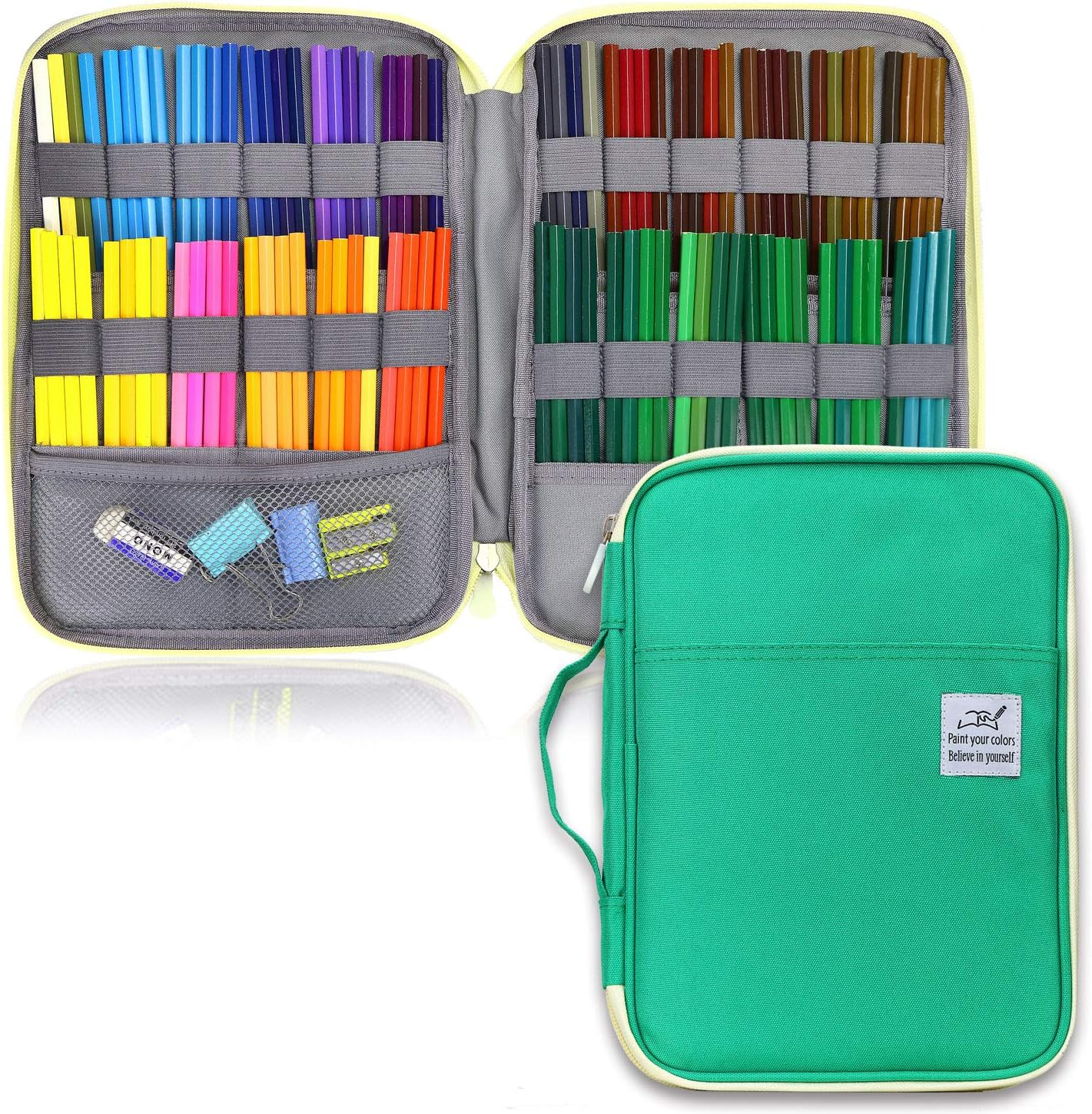 YOUSHARES 96 Slots Colored Pencil Case, Large Capacity Pencil Holder Pen Organizer Bag with Zipper for Prismacolor Watercolor Coloring Pencils, Gel Pens & Markers for Student & Artist (Green)