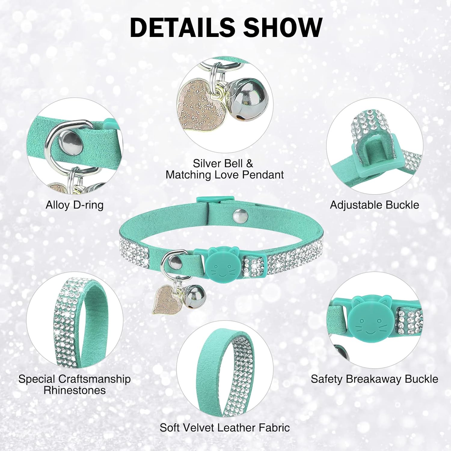 DILLYBUD Rhinestone Cat Collar Breakaway with Bell, Diamond Cat Collar with Safety Buckle Quick Release for Girl Boy Small Kitten Pets Puppy,Cute Soft Female Male Cat Collars, Color Green 8-12" image number 3