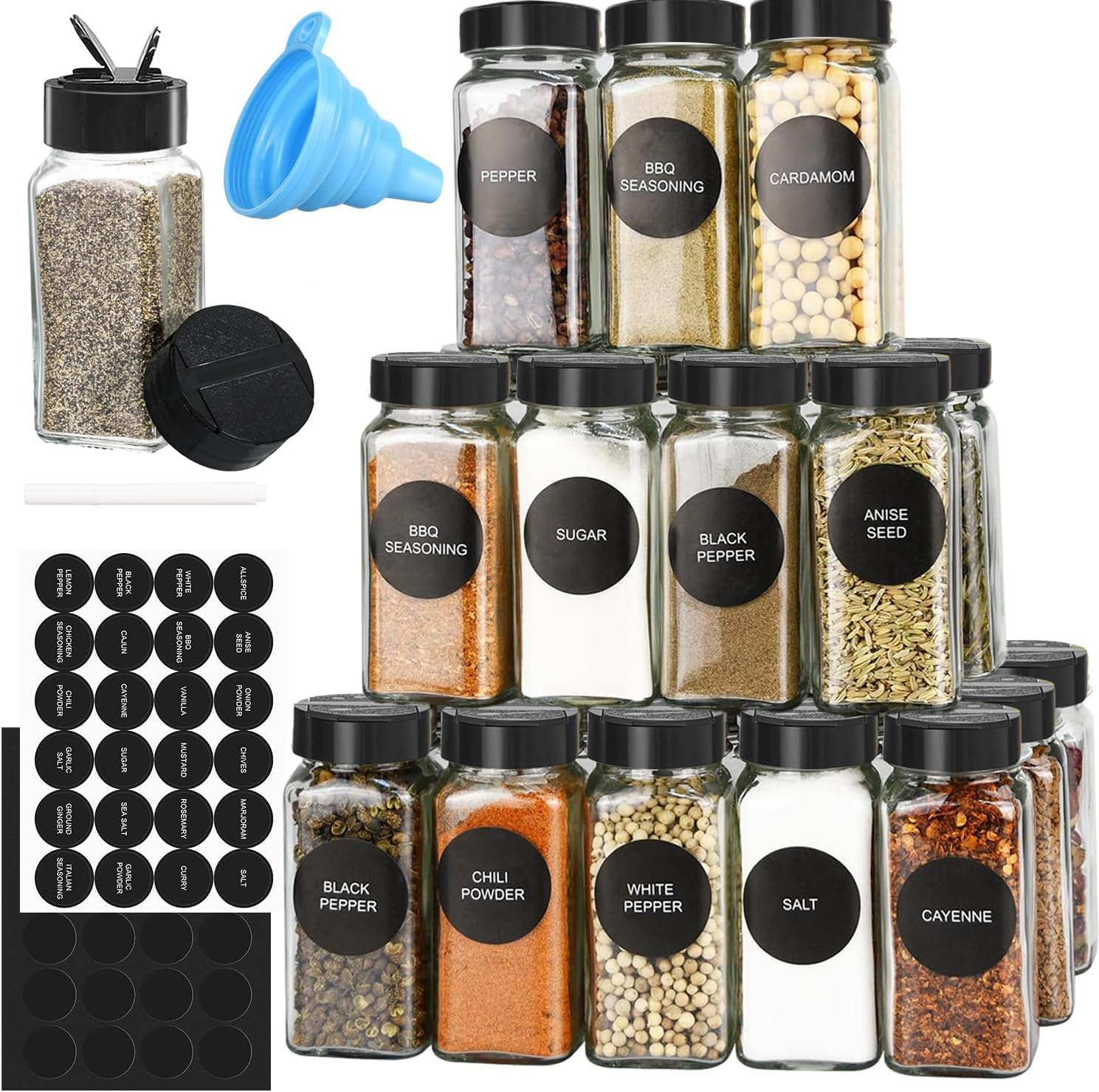 Veonly 24Pcs Square Glass Spice Jars Clear Spice Jars with Lids Labels Funnel Brush,1Pcs Silicone Collapsible ​Funnel Test Tube Brush Chalk Marker image number 3