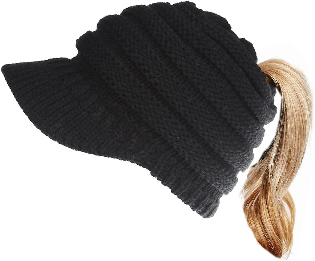 Eachwell Women Cable Knit Beanie Cap Soft Stretch Messy High Bun Winter Ponytail Hat