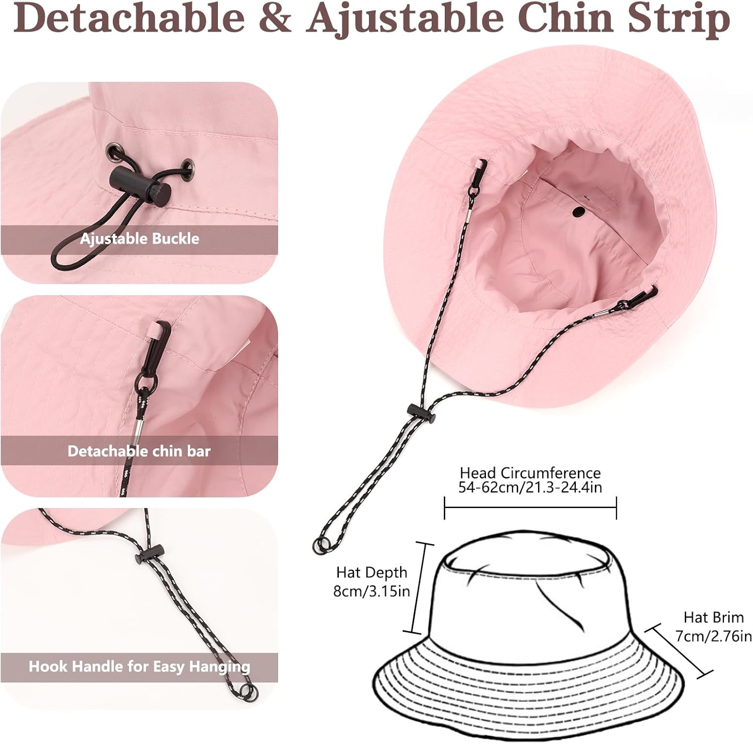 Bucket Hats, Packable Bucket Hat with String, Wide Brim Ring Buckle Sun Hat for UV Protection Women Men Beach Fishing Camping