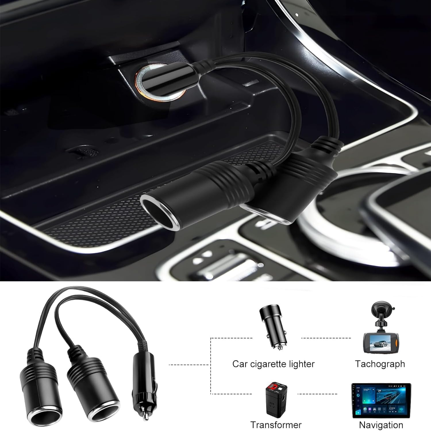 1 to 2 Car Cigarette Lighter Splitter Adapter, 12V to 24V Plug Socket Y Adapter with 15A Fuse, 9.84" Extension Cord and Dual Charger Ports for Simultaneous Charging in Cars Trucks Rvs image number 4