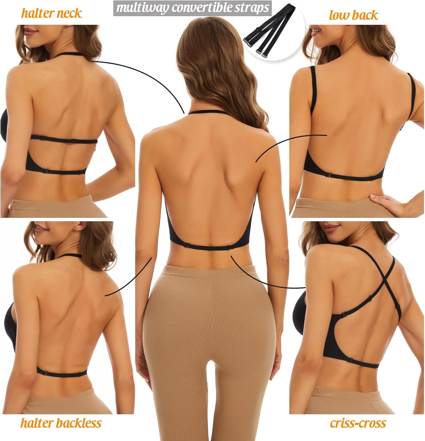 Low Back Bra for Women Wirefree Seamless Bra Backless Multiway Straps Convertible Halter Bra with Padded Removeable image number 4