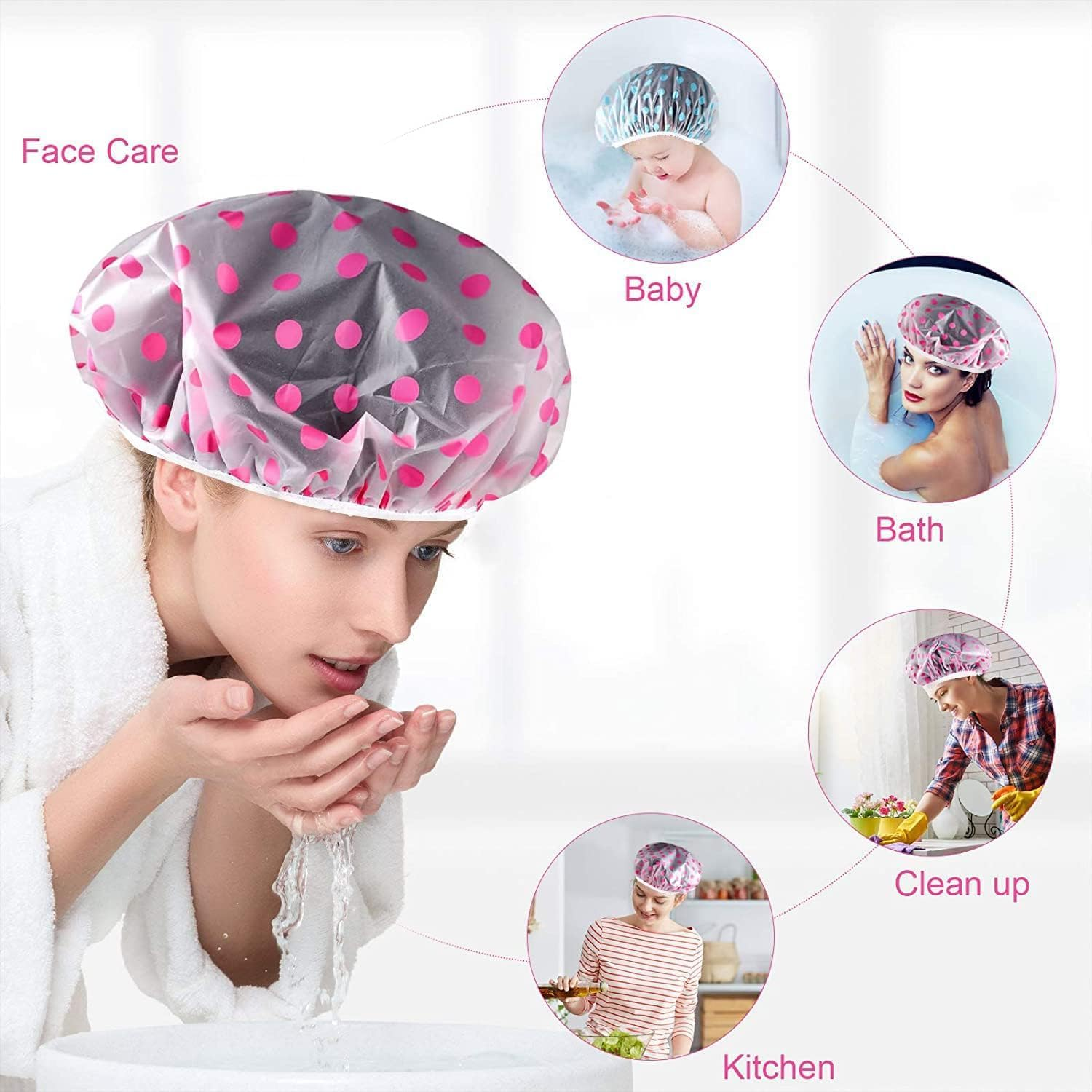 6 Pcs Shower Caps,Waterproof Shower Caps,Reusable Elastic Band Bath Hair Protection Hats for Kids Women Men Spa Salon Hair Mask image number 1