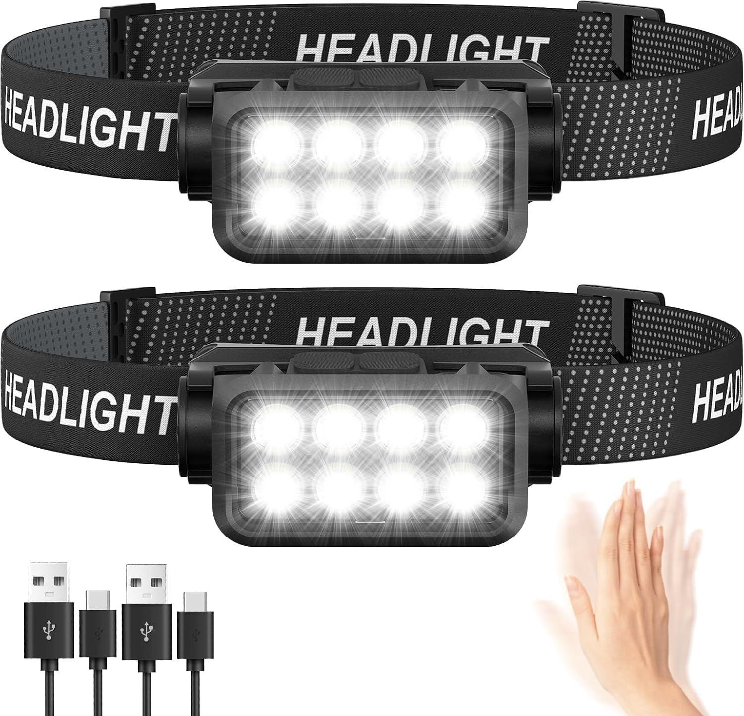 Headlamp Flashlight, LED Rechargeable Headlight with Motion Sensor White Light, High Lumen Super Bright, 2-Pack Waterproof Head Lamp for Outdoor Camping, Hiking, Running, Fishing, Hunting image number 2