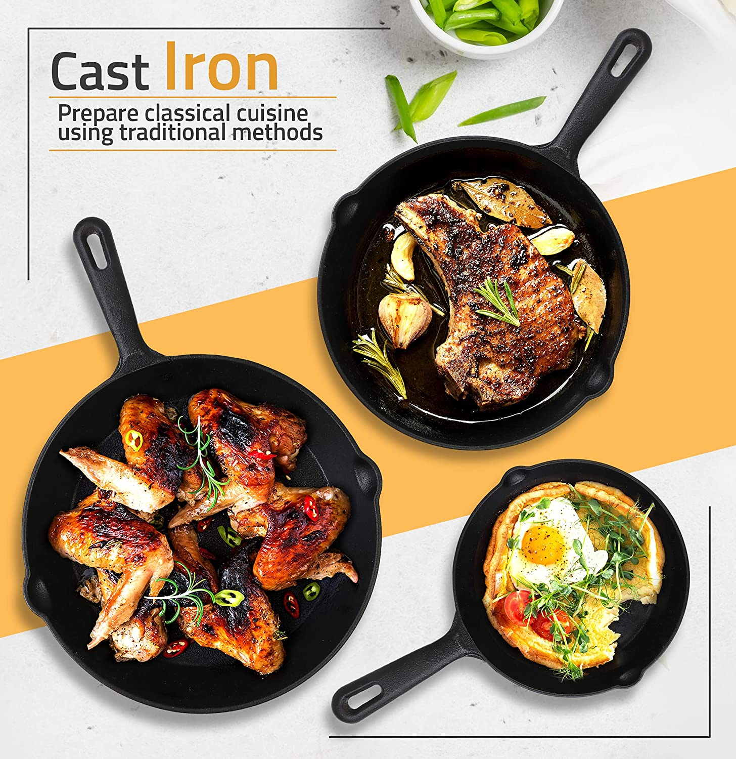 Utopia Kitchen - Pre Seasoned Cast Iron Skillet (Set of 3 Pcs) - 6 Inches 8 Inches and 10 Inches