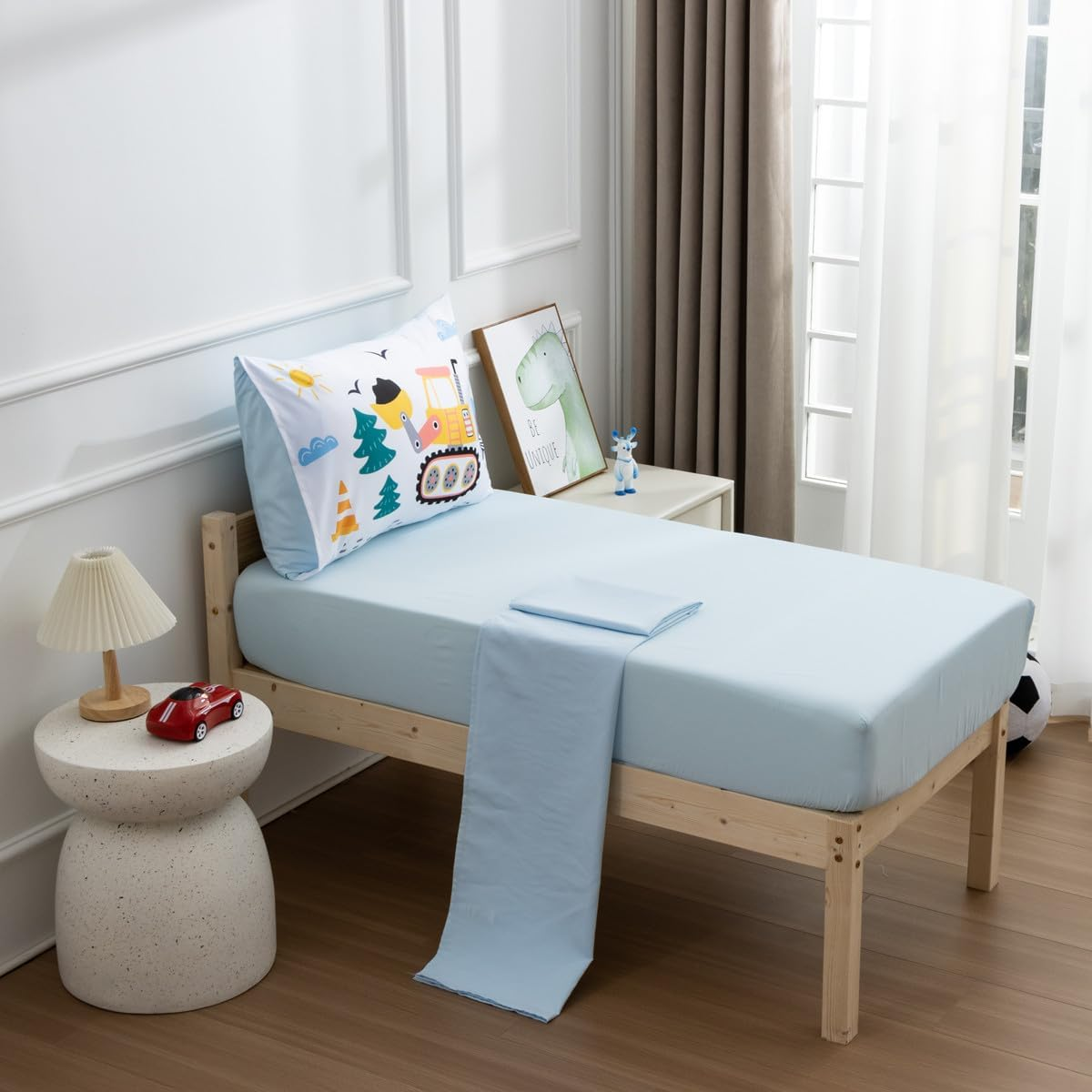 NTBED 4 Pieces Construction Toddler Bedding Set for Baby Boys, Truck Vehicles Excavator Cars Printed, Includes Comforter, Flat Sheet, Fitted Sheet and Pillowcase,Light Blue - Brown image number 2