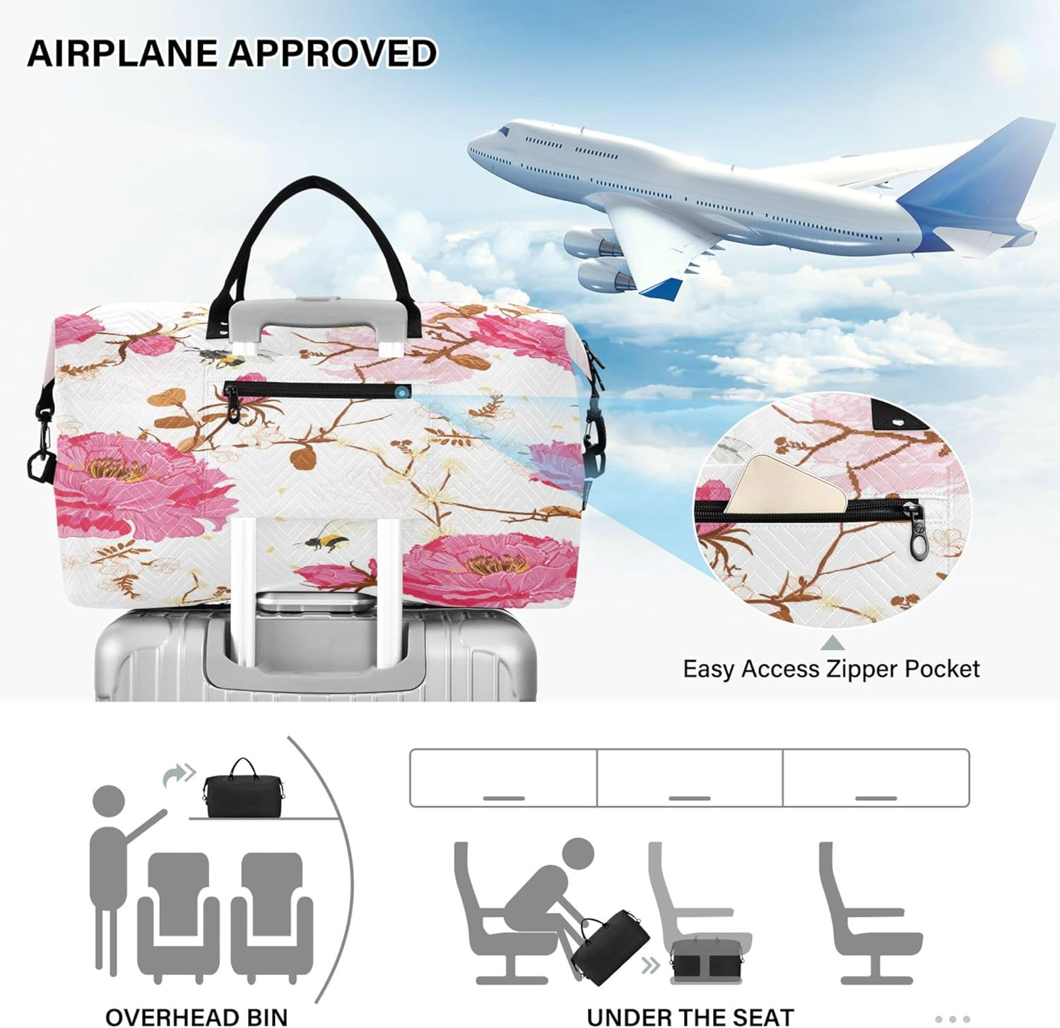 Luggage Travel Bag Gym Bag Weekender Overnight Bag with Adjustable Strap for Workout Waterproof Oriental Soft Gentle Bloom Flower Bee Happy Good Luck, Multi, 1 Size, Modern/Fitted, Multi, 1 Size, image number 3