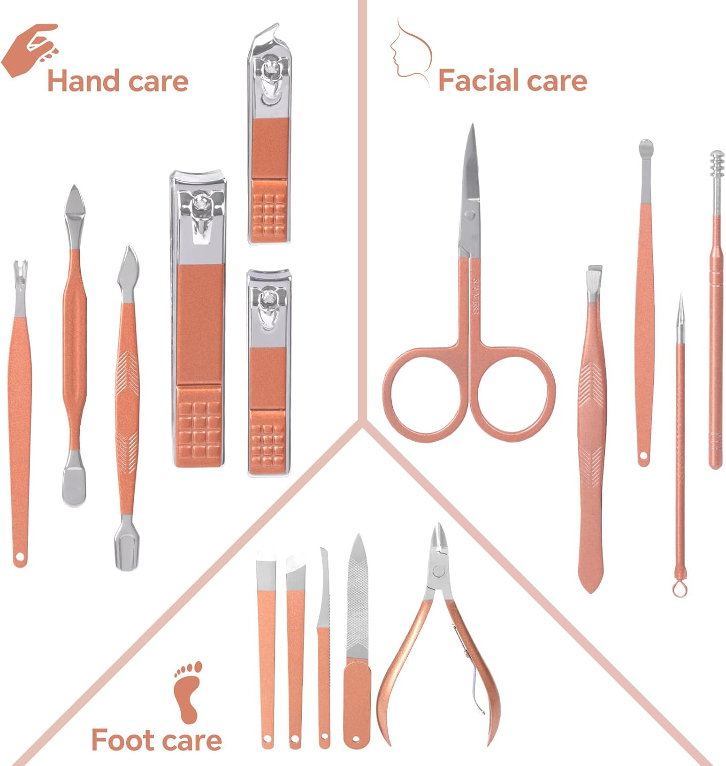 DAWNTREES Nail Clippers Set 16 in 1 Manicure Set Stainless Steel Professional Pedicure Set,Women'S Nail Clippers,Rose Gold Nail Scissors,Nail File, Nose Hair Scissors,Eyebrow Razor. image number 5