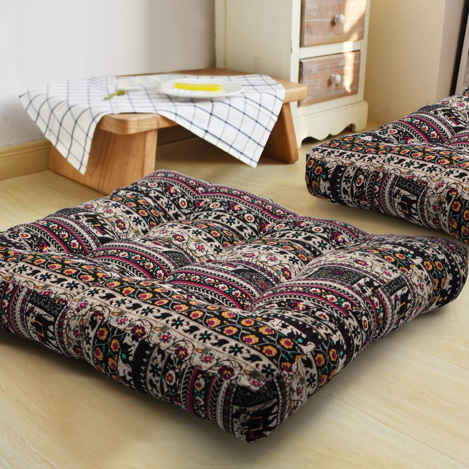 HIGOGOGO Boho Floor Pillow, Bohemian Patchwork Style Meditation Pillow Square Seat Cushion Yoga Cushion India Seating Pad for Living Room Bedroom Balcony Garden Party Decoration, 22X22 Inch