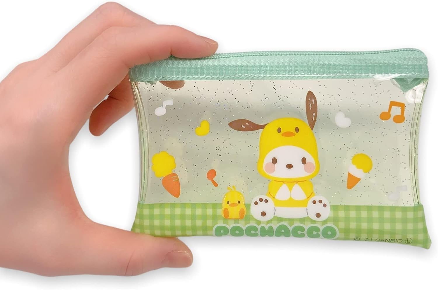 Friend Sanrio Pochacco Accessories Cosmetic Flat Vinyl Mini Pouch Zipper Case Bag 4.7 in (W) &times; 3.0 in (H), Green, Cosmetic Bags