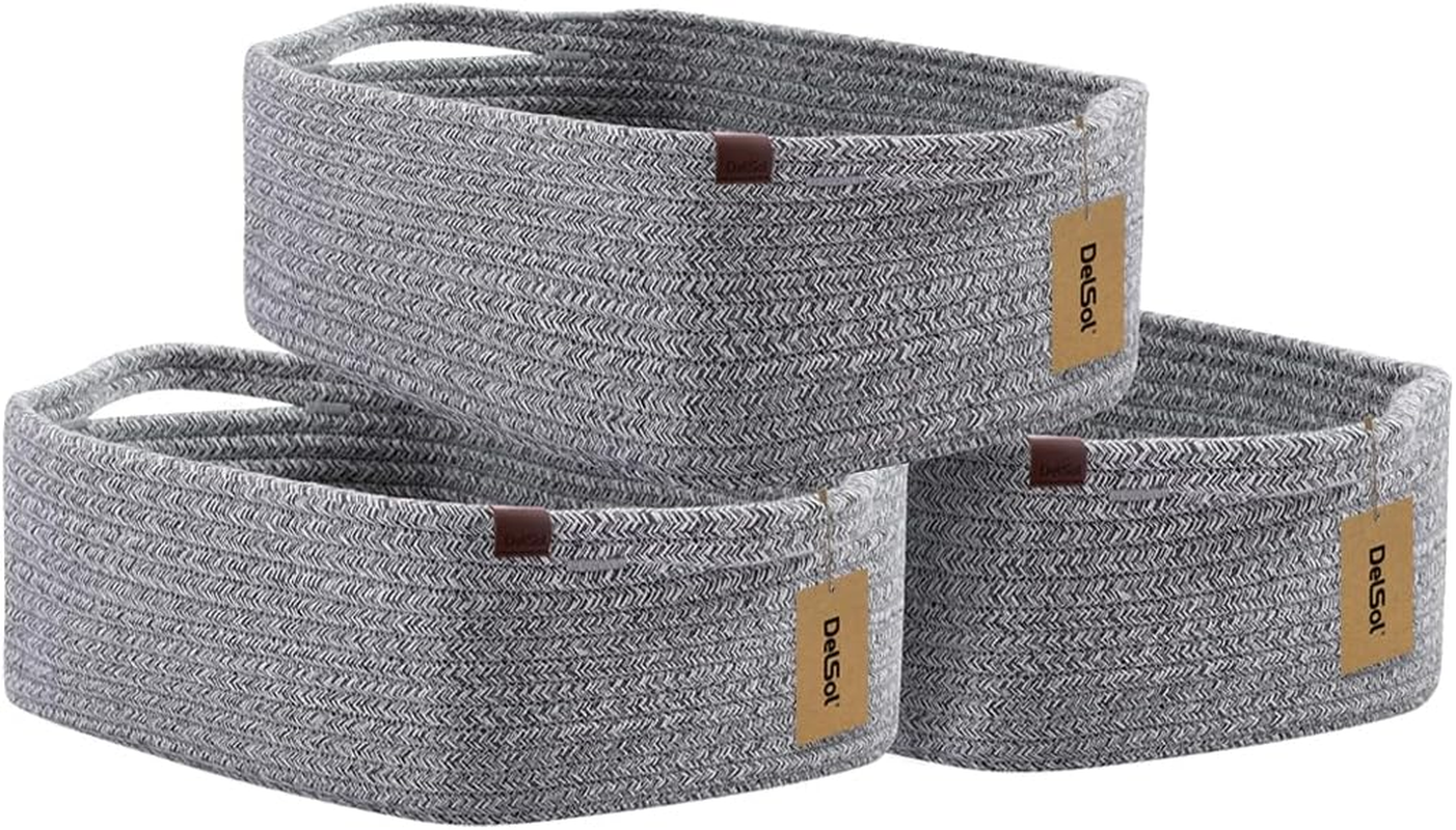 Delsol Cotton Rope Woven Basket, 3 Pack 38X26X23Cm Rectangle Storage Basket with Handle for Living Room, Bathroom, Blanket Clothes Pillows Laundry Hamper, Baby Nursery, Toy Organizer(White & Gray)