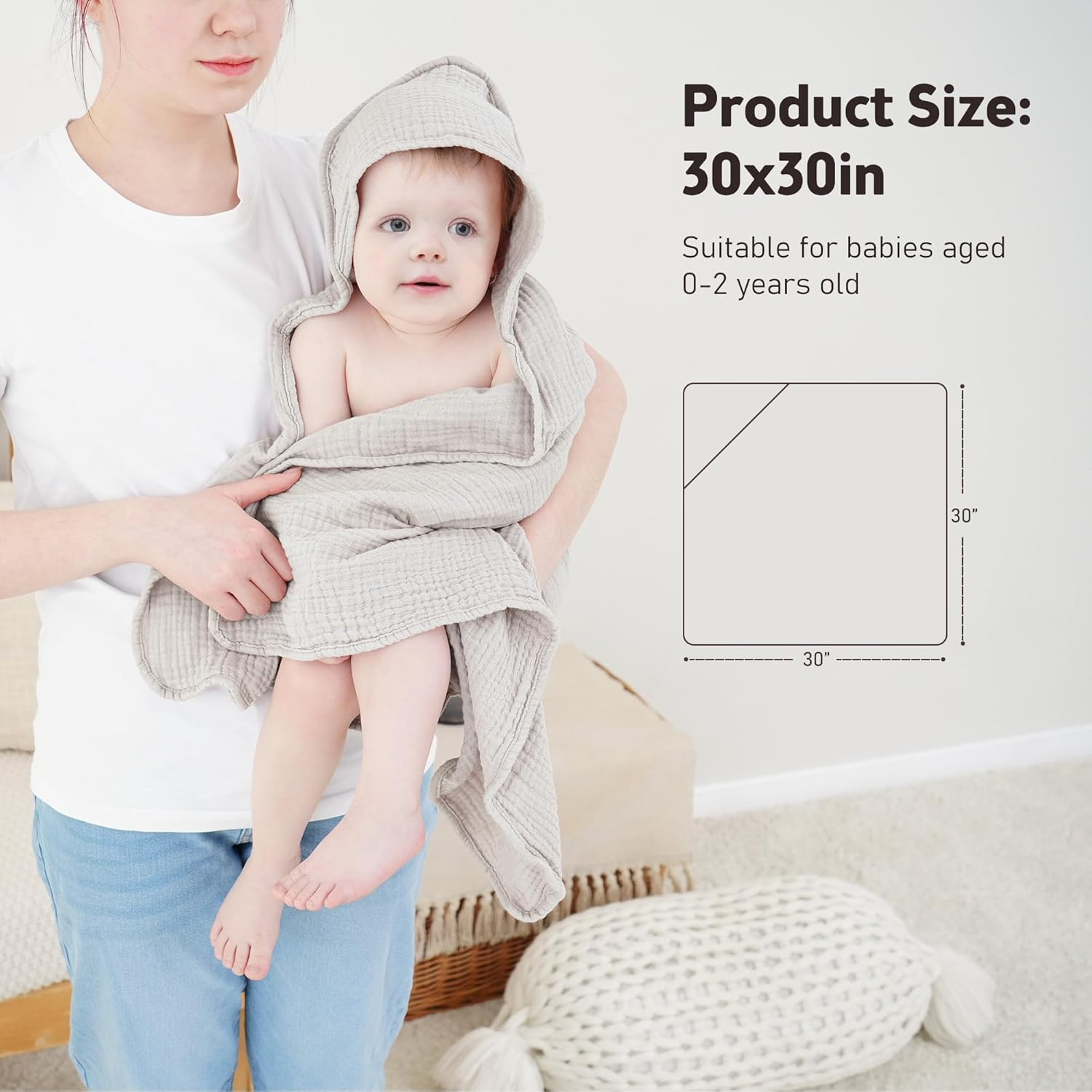Susurration Hooded Baby Towels for Newborn 2 Pack 100% Muslin Cotton Towel for Babies，Highly Absorbent and Newborn Essential 30X30 Inch (Brown) image number 6