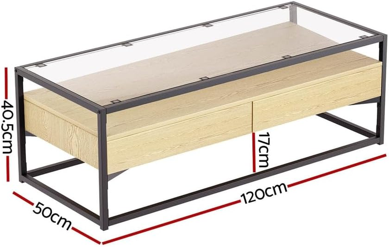 Artiss Coffee Table, Square End Tables 5MM Tempered Glass Tabletop for Home Furniture Living Room, Metal Frame Bedside Storage Modern Design with 2 Drawers Shelf Pine image number 3