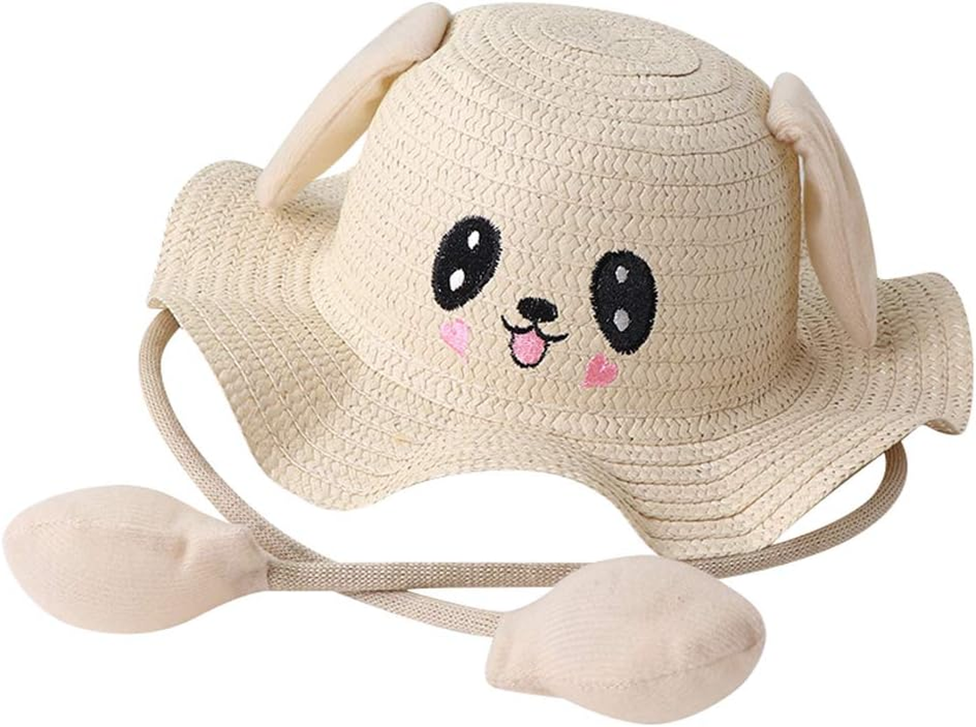 Haozaikeji Kids Straw Sun Hat Girls Breathable Wide Brim Summer Bucket Hat with Jumping Rabbit Ear Sun Protection Beach Hat for Travel & Outdoor Activities