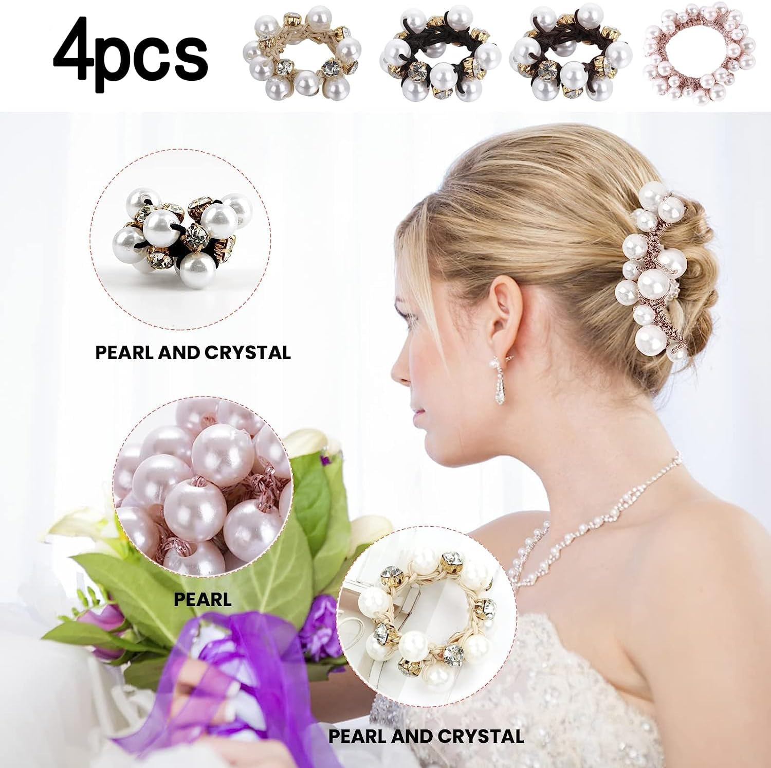 Taicols Pack of 4 Scrunchies Crystal Pearl Hair Bobbles for Women, Pearl Hair Accessories, Hair Ropes, Hair Bobbles, Strong Elastic Stretchy Hair Bands, Crystal Ponytail Holder, Hair Bobbles for Women and Girls image number 5