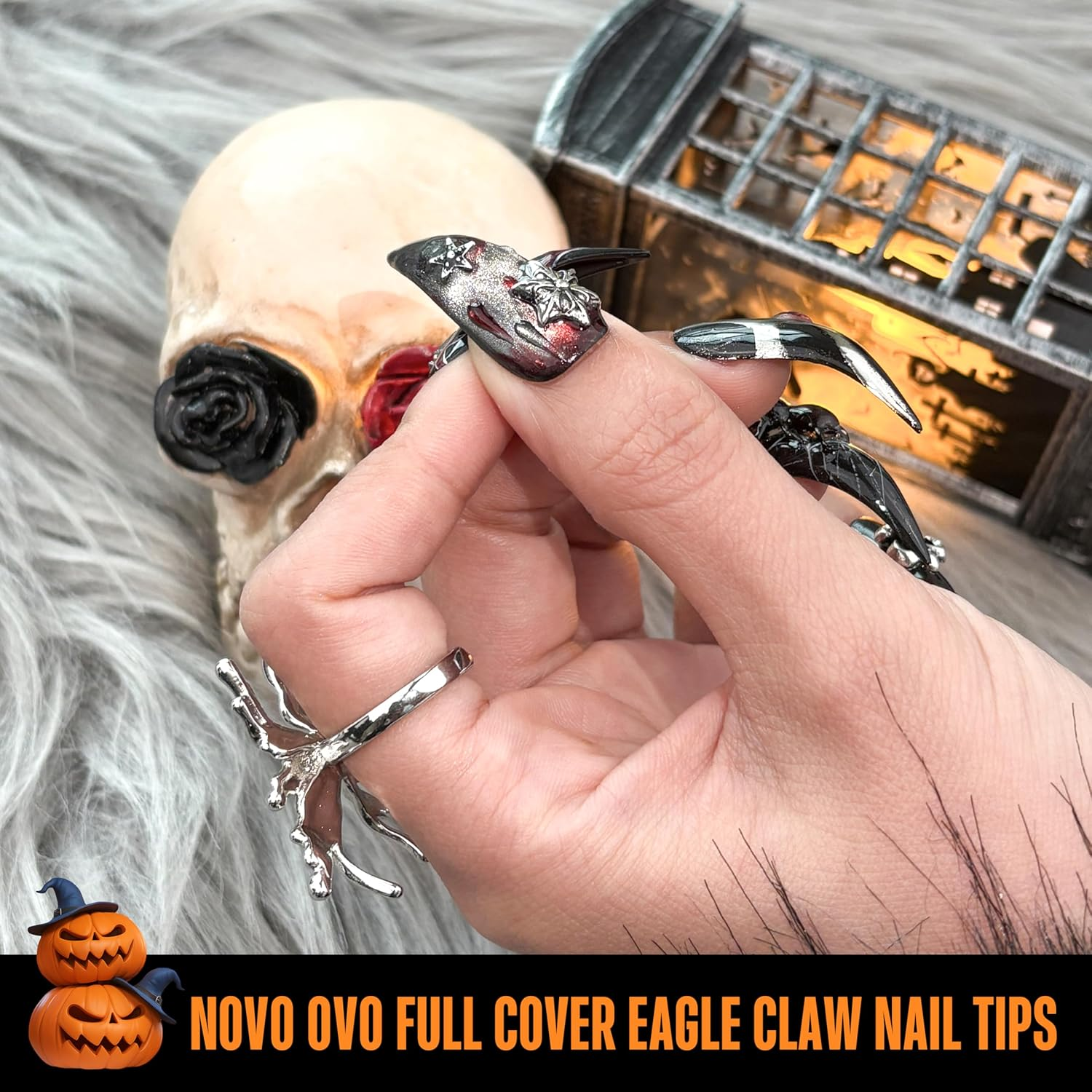NOVO OVO Halloween Black Nail Tips Curved Stiletto, Full Cover Gel X Extension Kit for 3D Eagle Claw Nails, Extra Thick Hawk Deep Curve Almond French Tips Soft False Fake Acrylic Nail 12 Size 120Pc