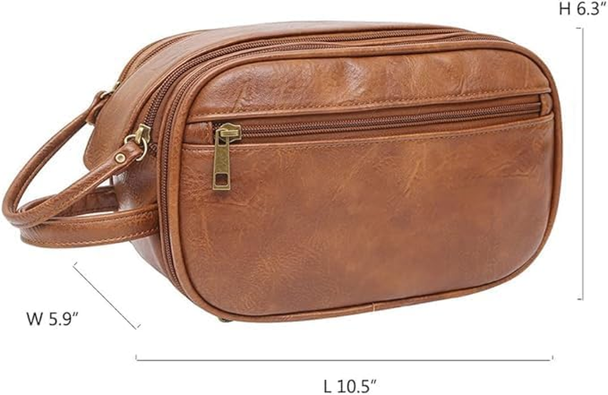 Water-Resistant Leather Toiletry Bag for Men, Large Travel Wash Bag Shaving Dopp Kit Bathroom Toiletries Makeup Organizer (Brown) image number 4