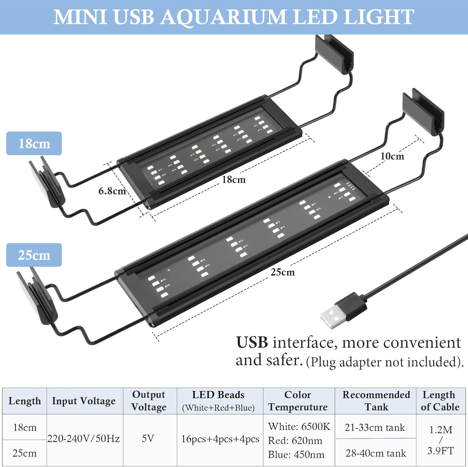 USB Mini Aquarium LED Light, Full Spectrum Aquarium Light with Extendable Brackets, Adjustable Aquarium Plant Light with External Controller, for Freshwater Tank (21-33CM) image number 3
