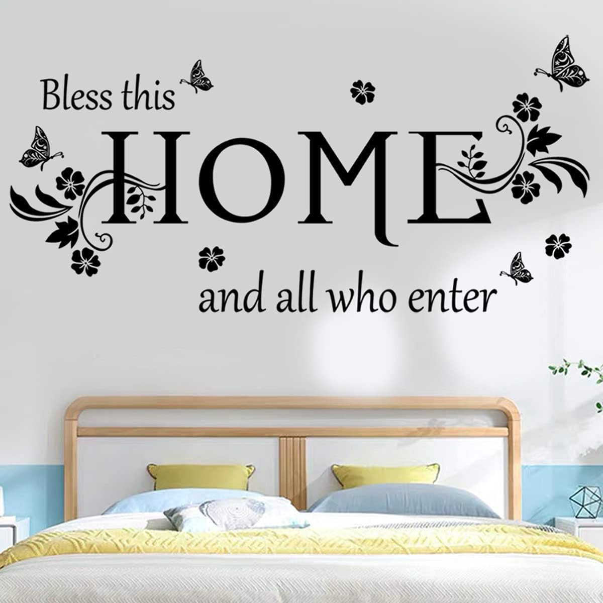Black Vinyl Wall Sticker Wall Word Quotes Bless This Home and All Who Enter Wall Decals Flowers Butterfly Wall Decor Sticker for Entryway Living Room Home Decor. image number 4