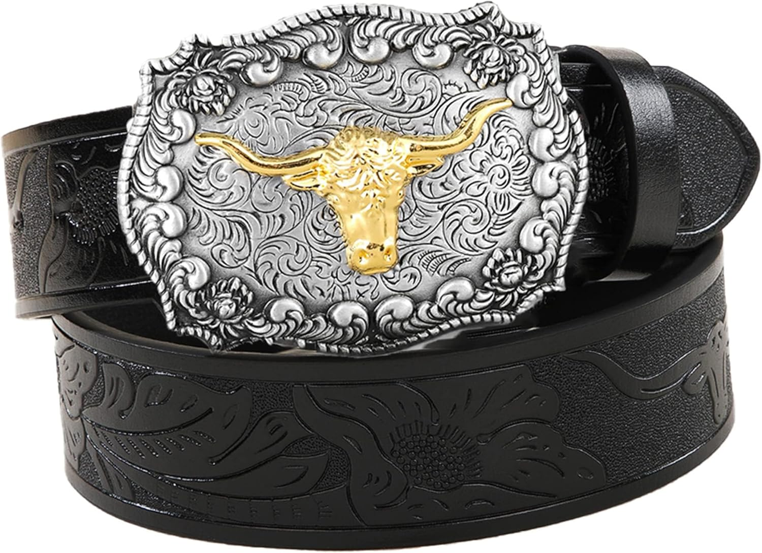 Utaly Western Cowboy Cowgirl Leather Belts - Women Men Turquoise Embossed Waist Belts with Longhorn Bull Buckles