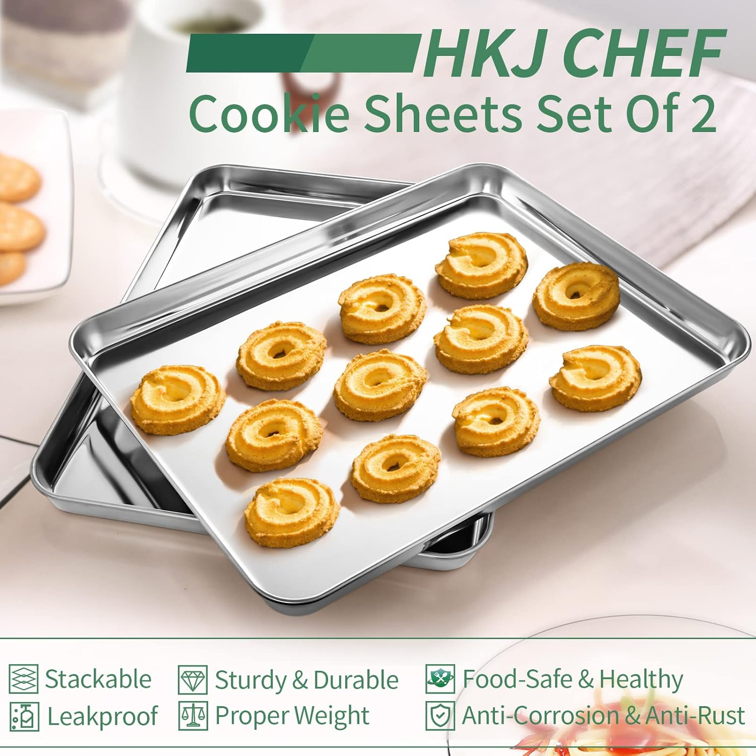 Baking Sheets Set of 2, HKJ Chef Cookie Sheets 2 Pieces & Stainless Steel Baking Pans & Toaster Oven Tray Pans, Rectangle Size 9L X 7W X 1H Inch & Non Toxic & Healthy & Easy Clean image number 1