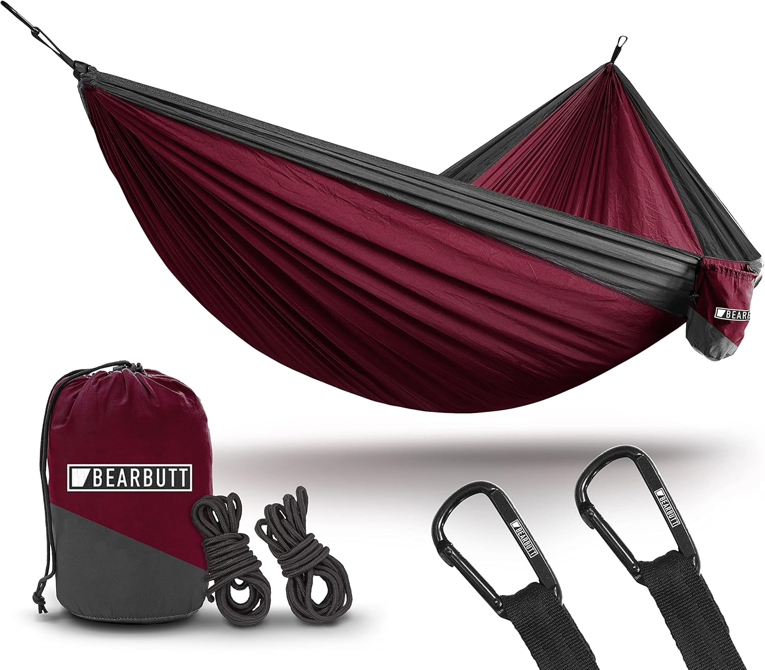 Bear Butt Lightweight Double Camping Parachute Hammock-Large, Portable Two-Person Hammock for Hiking & Backpacking - 16 Colors Available (Maroon/Charcoal) - Dark Green / Light Green image number 5