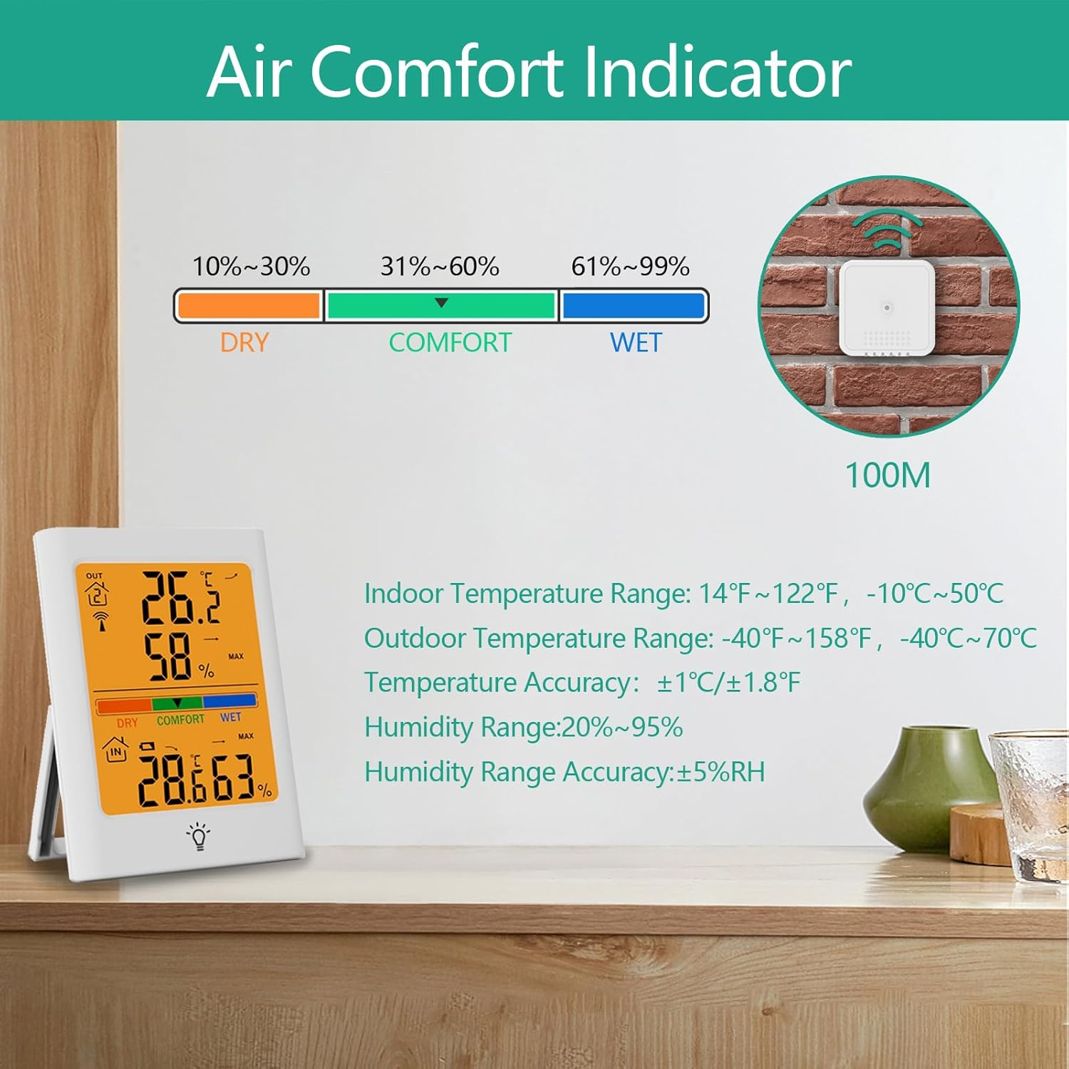 Indoor Outdoor Digital Thermometer Hygrometer Wireless, Smart Temperature and Humidity Monitor with 100M Range Remote Sensor, Automatic Backlight for Home, Warehouse, School (White) image number 4