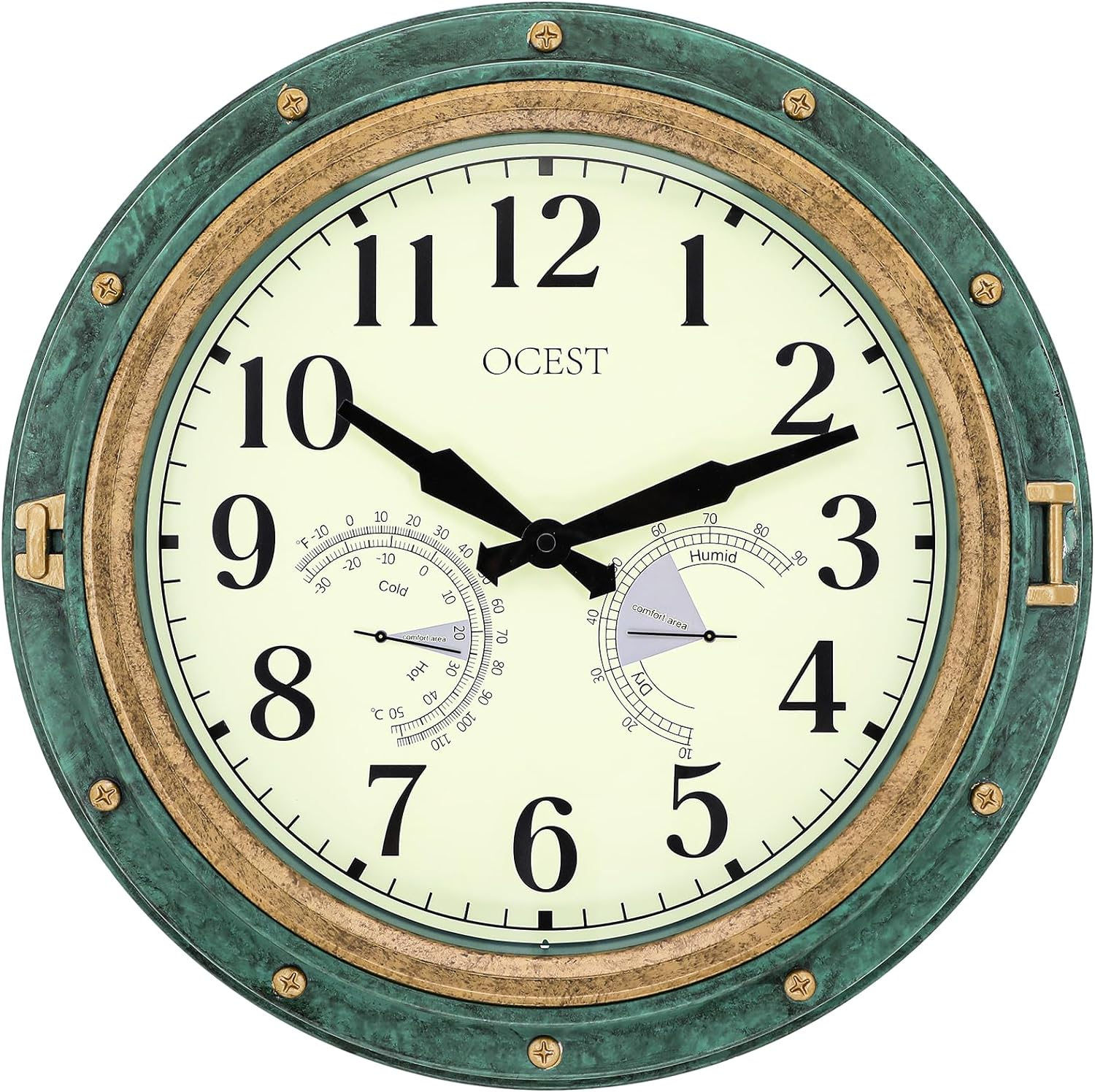 OCEST 16 Inch Garden Clocks Outdoor Waterproof, Large Thermometer, Hygrometer, Retro Design, Non-Ticking Battery Operated for Home Decor Patio (Blue)