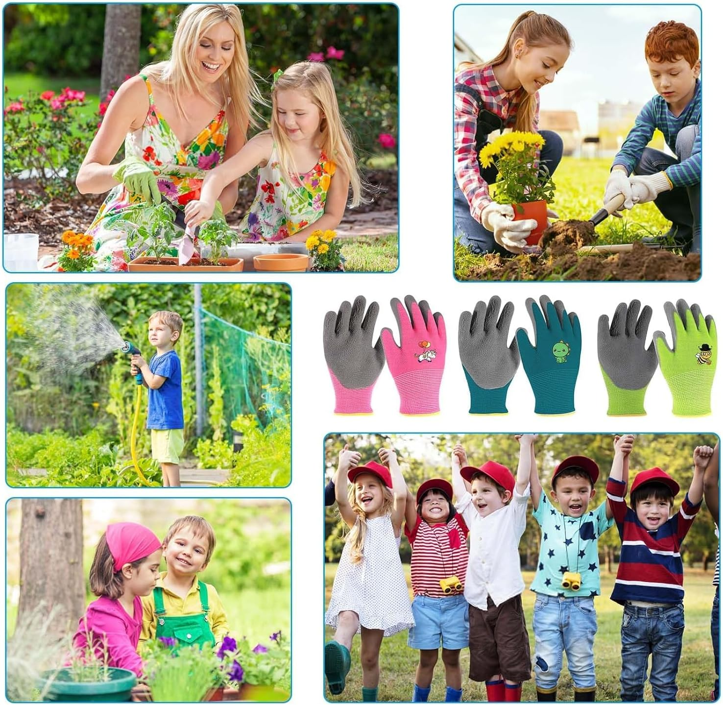 Eukyplace Kids Gardening Gloves (3 Pairs), Work Gloves Made of Latex, Non-Slip Gardening Gloves, Suitable for Children Aged 3-9, for Beach Blay, Picking Fruits and Vegetables(Cyan+Pink+Green)