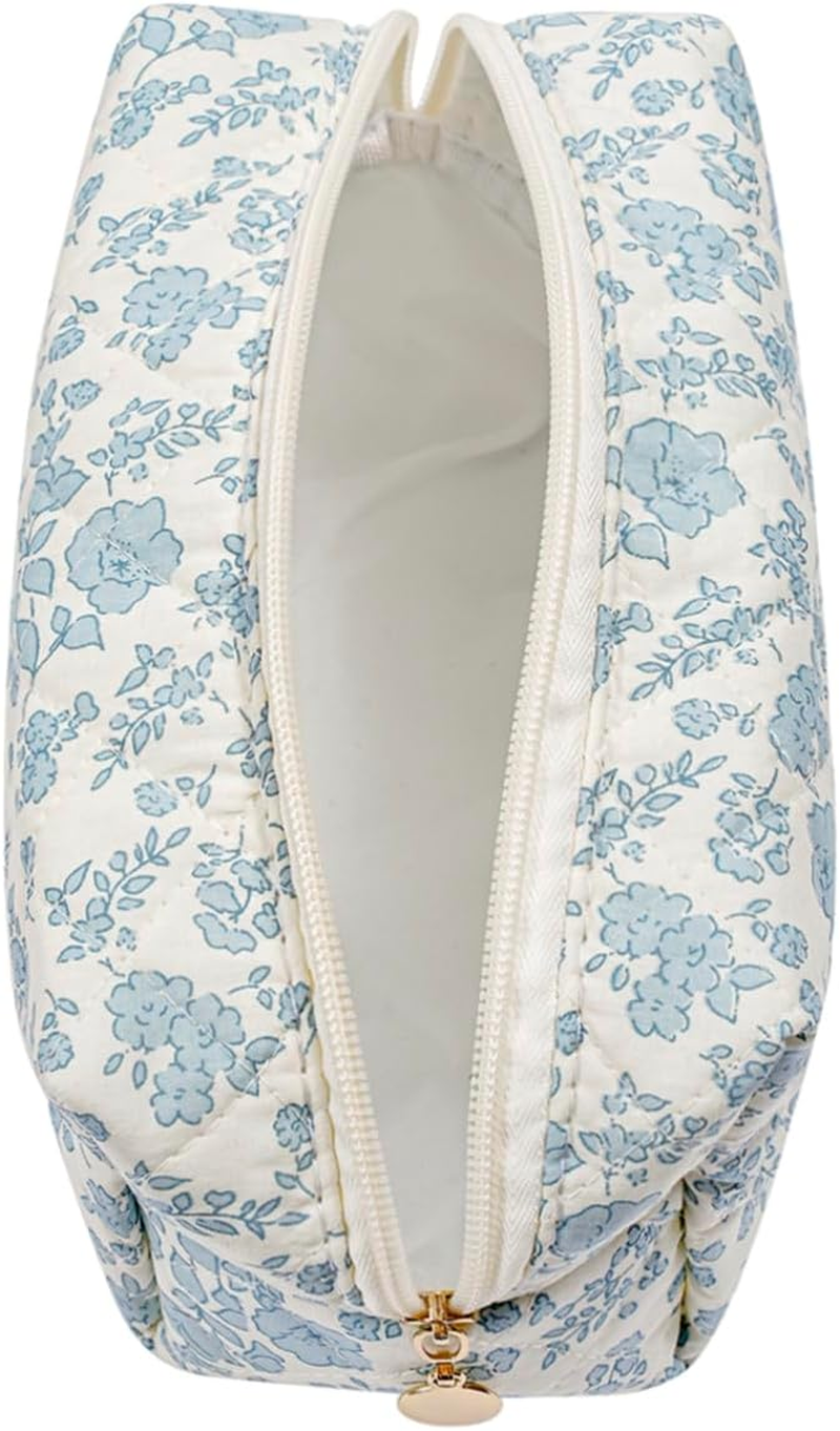 WHHJM Cute Floral Makeup Bag Small Cotton Quilted Cosmetic Bag, Aesthetic Essential Bag Emergency Bag Gift for Women Girls Travel Accessories (Blue Floral) - A2 Pink Floral image number 7