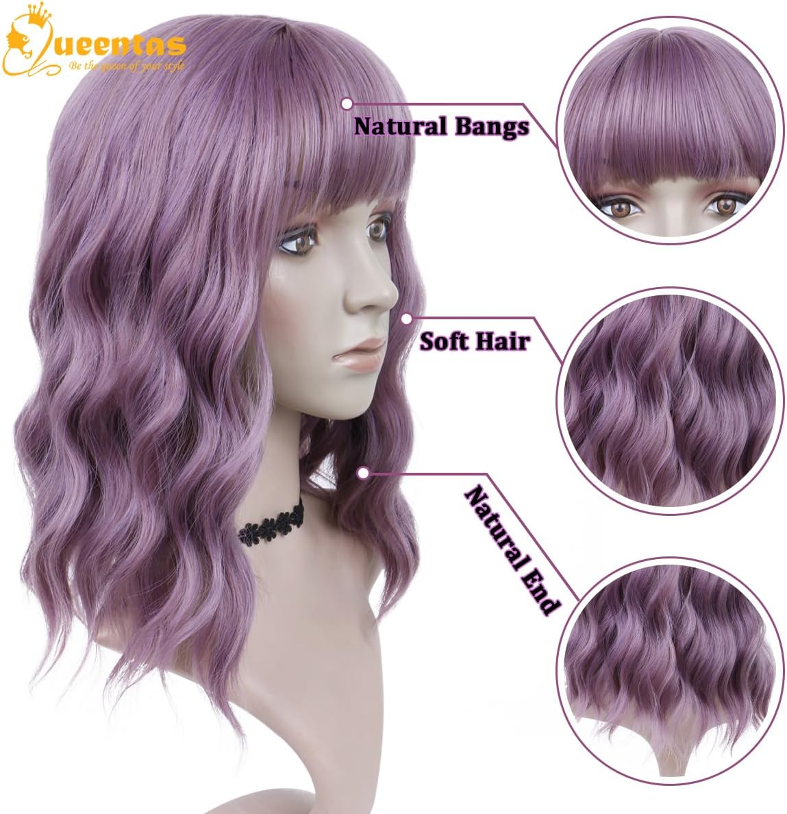 QUEENTAS Purple Wavy Bob Wigs for Women Shoulder Length with Bangs Short Curly Wig for Daily Use Cosplay Synthetic Hair Wig - Blonde image number 4