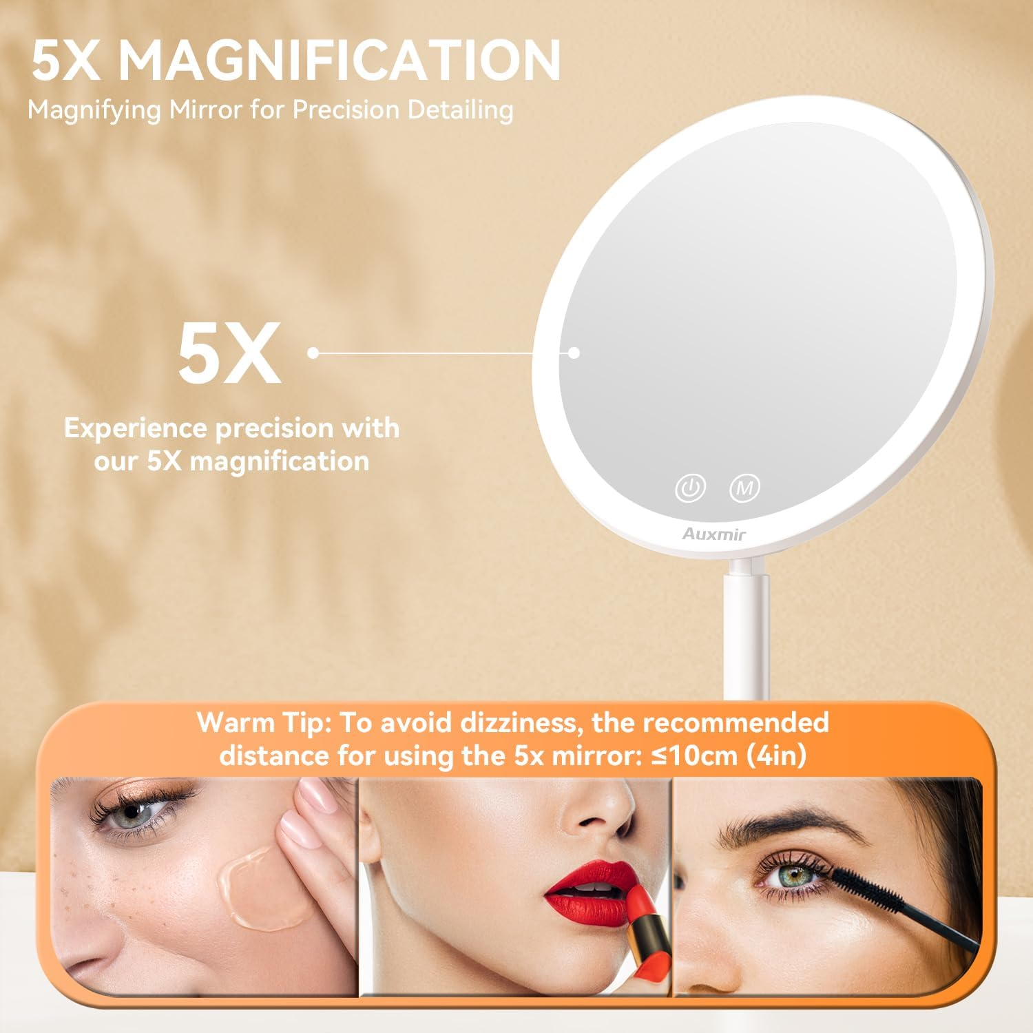 Auxmir Makeup Vanity Mirror with 46 LED Lights, Rechargeable 5X Lighted Magnifying Tabletop Mirror with Smart Touch Screen, 3 Light Colors Adjustable Dimmable Freestanding Cosmetic Mirror with Tray image number 3
