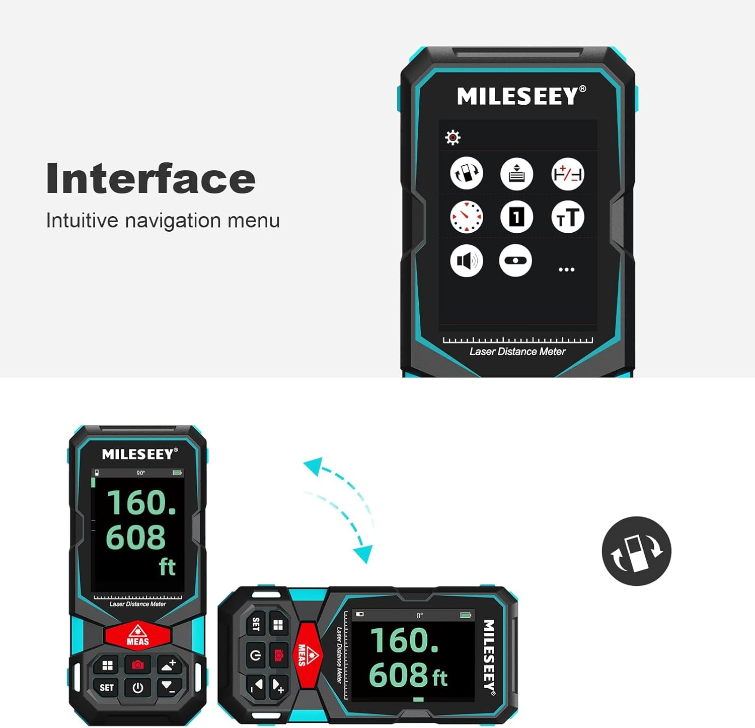 Laser Measurement Tool, Mileseey 330Ft Multifunctional Laser Measure with 2.4" Color Backlit Display, Rechargeable Laser Distance Meter with Angle Sensor, M/Cm/Mm/In/Ft+In Measurement Unit image number 4