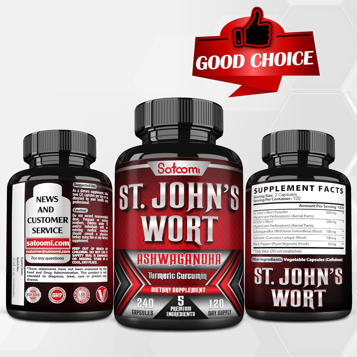 SATOOMI St. John'S Wort Capsules Extract - 5 Herbs with Ashwagandha, Turmeric & Black Pepper - 240 Vegan Caps for 4 Months - Non-Gmo, Gluten Free image number 5