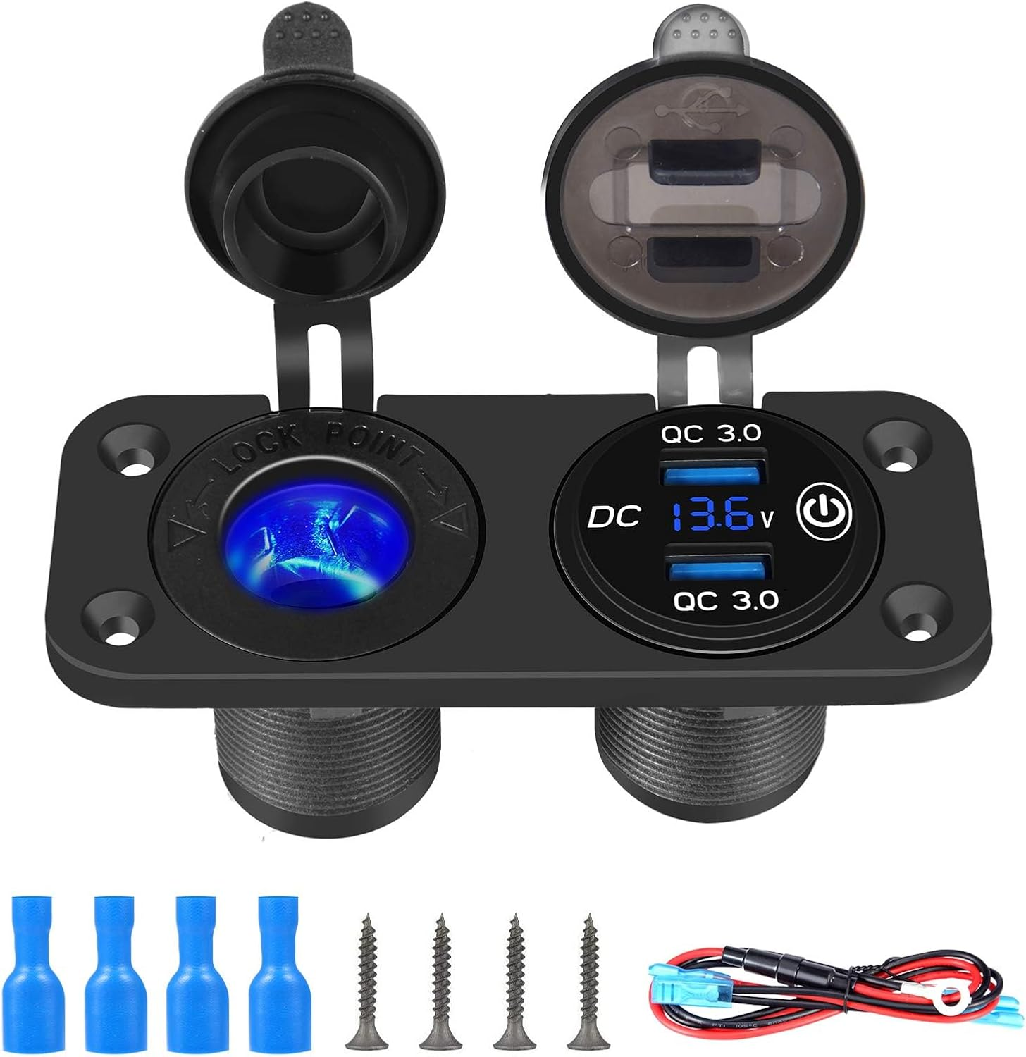 BLAZDEVE 2 in 1 USB Socket Panel, Dual QC 3.0 Car USB Charger Sockets Cigarette Lighter Socket with LED Digital Voltmeter and Touch Switch for 12V/24V Car Boat Marine image number 1