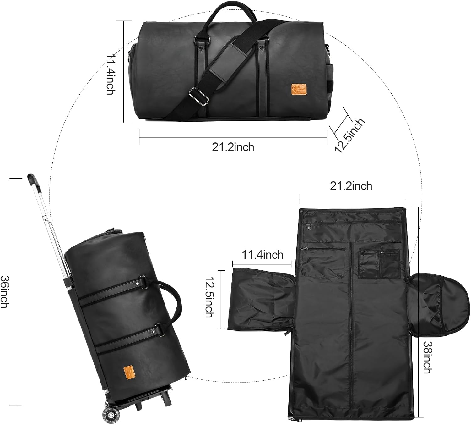 Seyfocnia Rolling Garment Bag,Wheeled Garment Bag for Travel with Wheels Overnight Bags with Wheels Carry on Garment Bag with Shoe Compartment Suitcase Convertible Garment Duffle Bag, Black, Classic image number 6