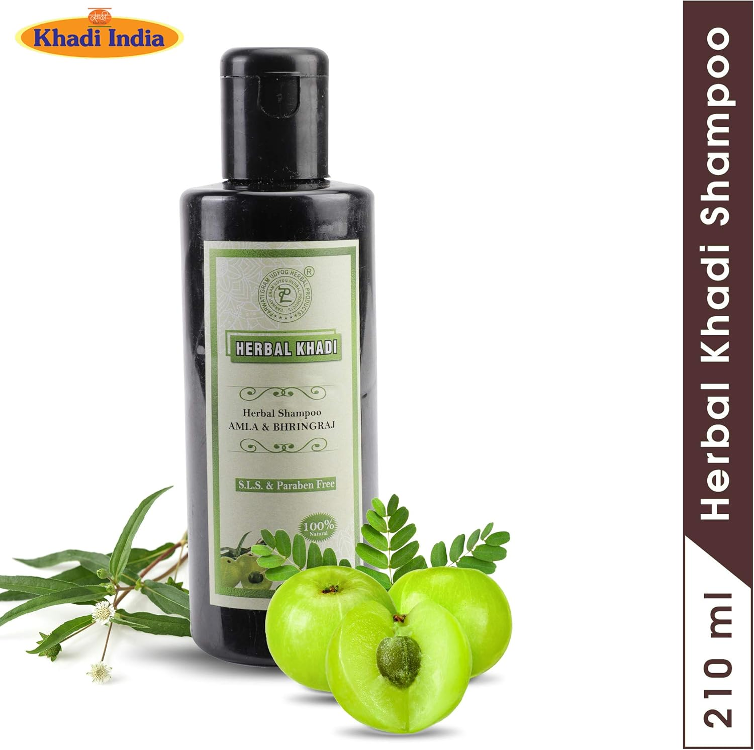 Herbal Khadi Amla Bhringraj Herbal Shampoo (NO SULPHATE & PARABEN) for Hair Fall Control & Regrowth, Dry & Frizzy Hair 210 Ml (Pack of 1) Men & Women image number 2