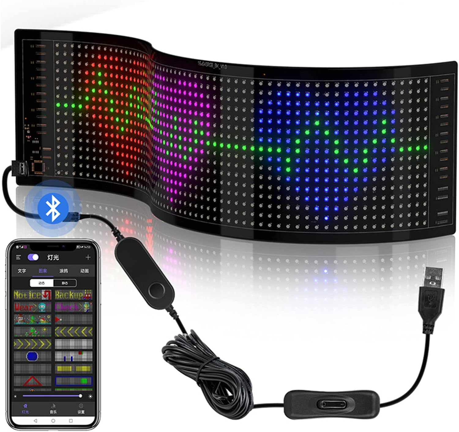 LED Car Sign, Flexible LED RGB Color Sign Programmable LED Sign Custom Bluetooth App Control Text Pattern Animation Scrolling LED Display for Car Store Party Bar Hotel Concert (18.5"X4.7")