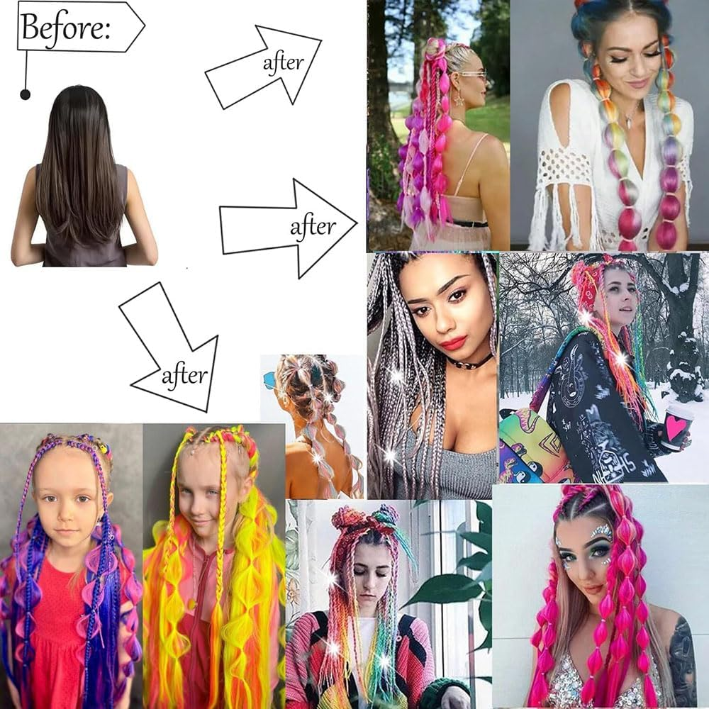 2 Pack Colorful Synthetic Hair Extensions for Women,50Cm Long Pre Looped Bubble Braiding Hair,Soft and Tangle Free Fiber, Purple,Blue, Pink Gradient Clip in Braids,Party Cosplay Accessories image number 6