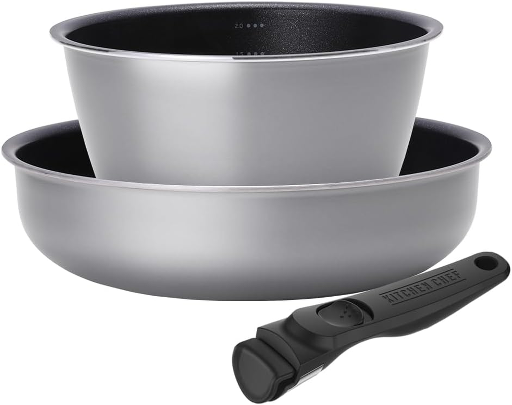 Iris Ohyama 3-Piece IH Gas Fire Deep Diamond Coated Frying Pan Set with Graduated Baking and Removable Handle DCI-S3S Slate Gray Non-Stick Easy Care Deep plus Series image number 1